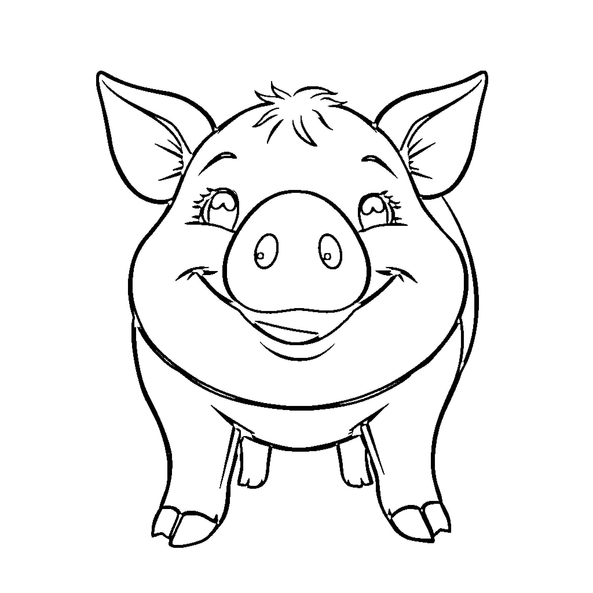 Pig Smiling Happily in Cartoon Style Coloring Page (free black-and-white line drawing printable PDF for all, from beginners to advanced learners, including children, teens, adults, and seniors)