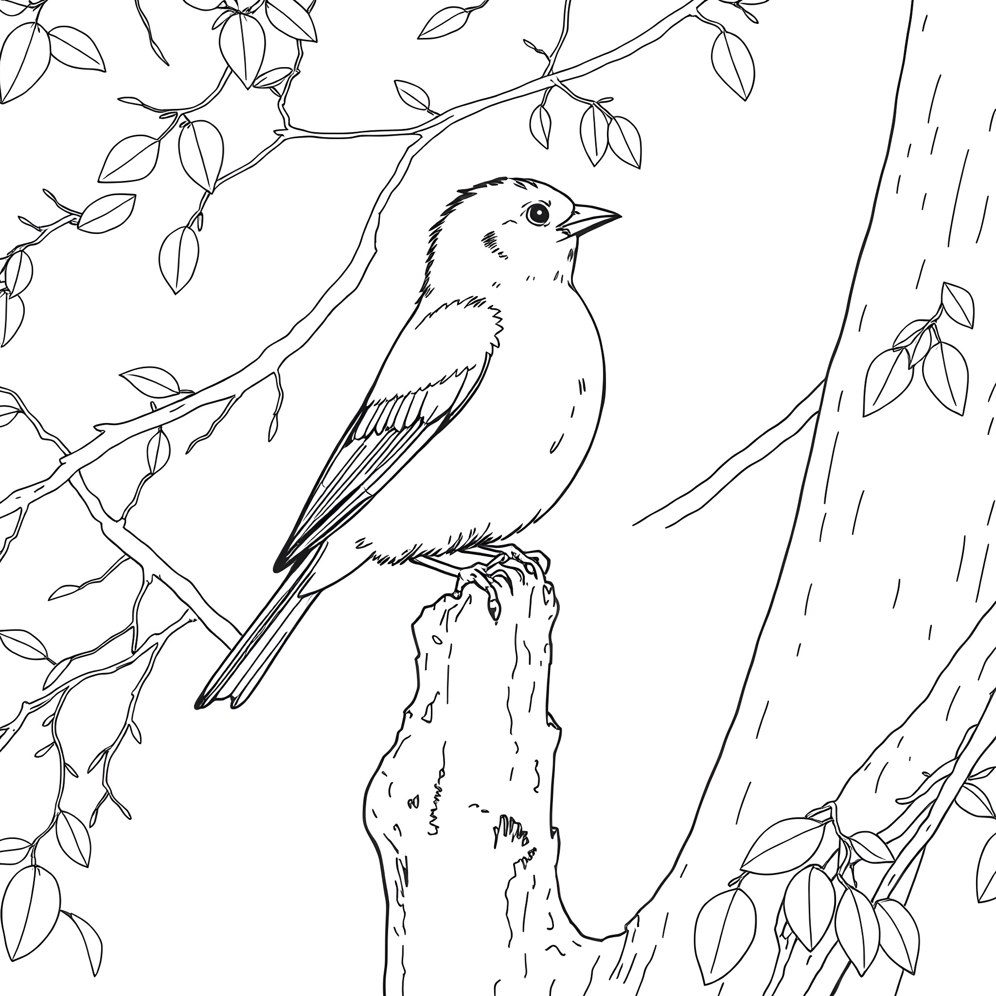 Saffron Finch perched on a tree branch Coloring Page (free black-and-white line drawing printable PDF for all, from beginners to advanced learners, including children, teens, adults, and seniors)