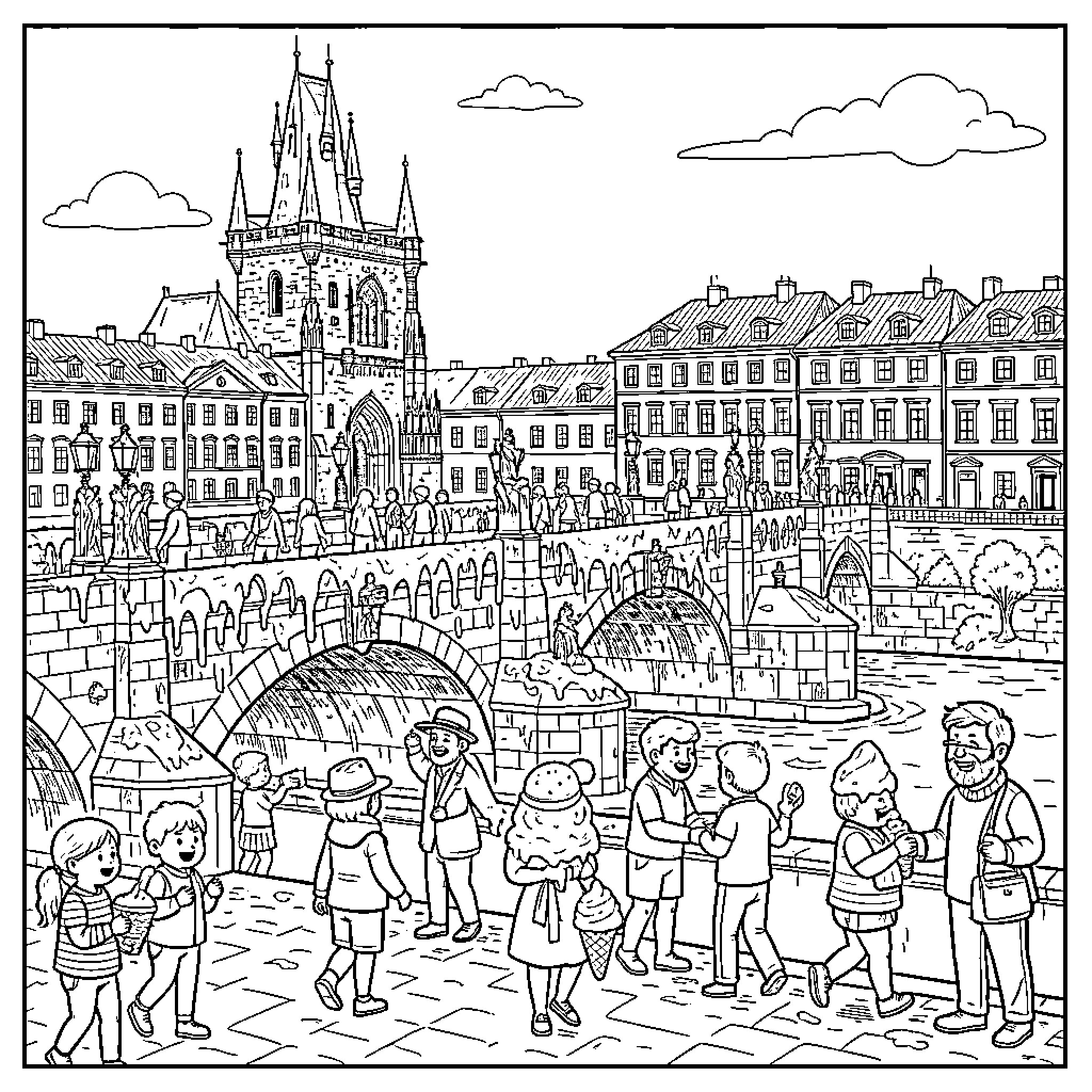Bridge where people walk and enjoy the city view Coloring Page (free black-and-white line drawing printable PDF for all, from beginners to advanced learners, including children, teens, adults, and seniors)