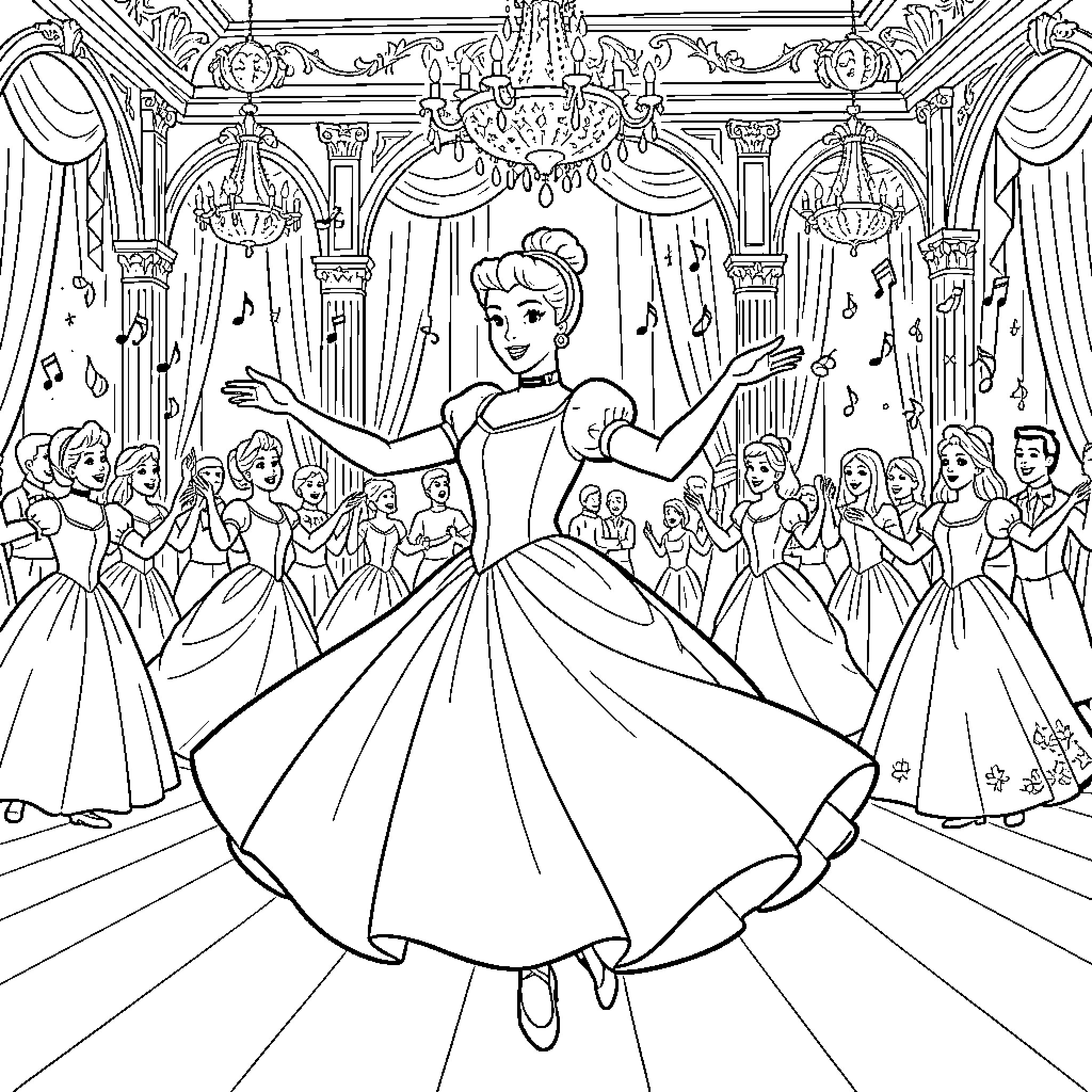 Cinderella dancing gracefully in a grand ballroom Coloring Page (free black-and-white line drawing printable PDF for all, from beginners to advanced learners, including children, teens, adults, and seniors)