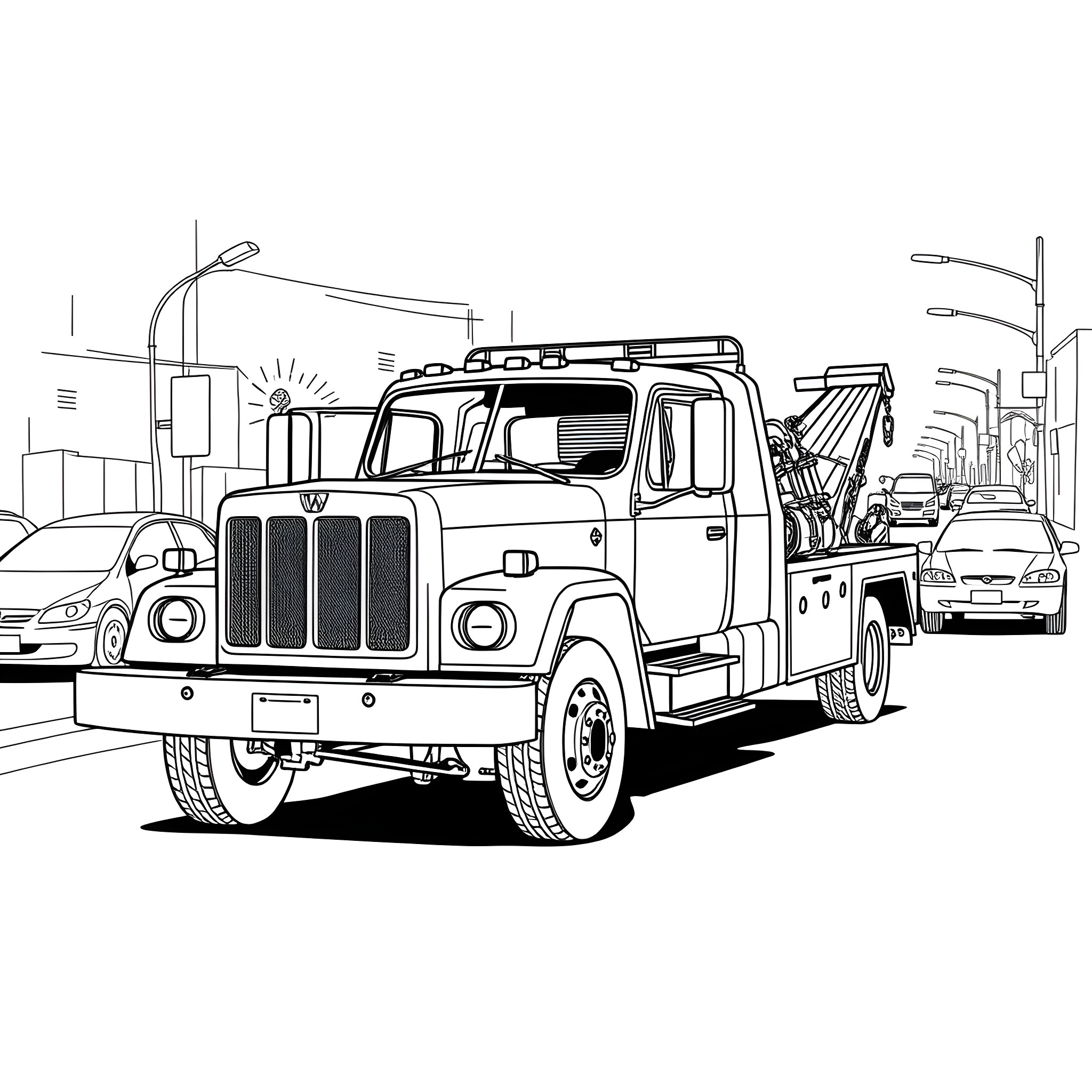Wrecker truck clearing the road Coloring Page (free black-and-white line drawing printable PDF for all, from beginners to advanced learners, including children, teens, adults, and seniors)
