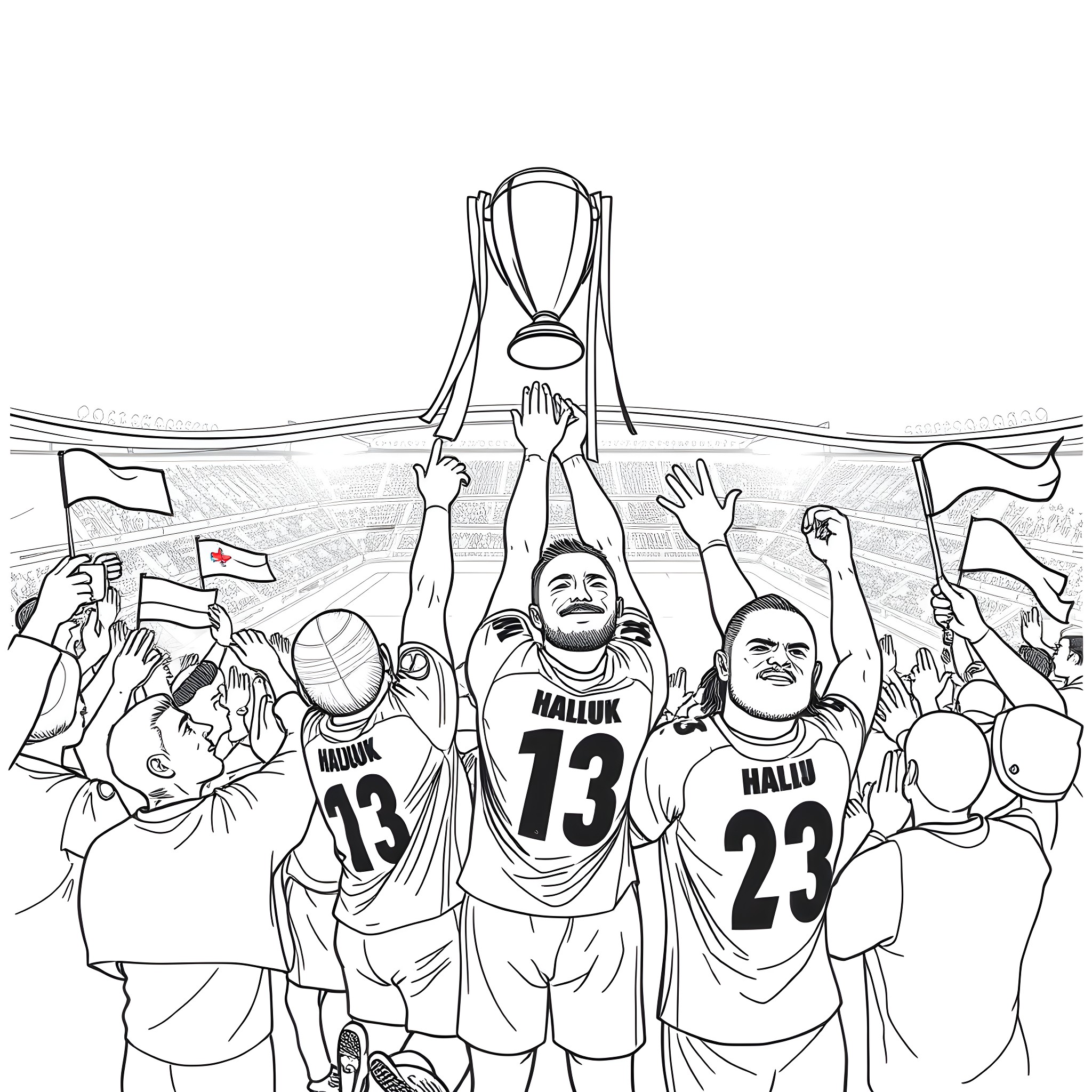 Hajduk Split Players Celebrating Trophy Victory Coloring Page (free black-and-white line drawing printable PDF for all, from beginners to advanced learners, including children, teens, adults, and seniors)