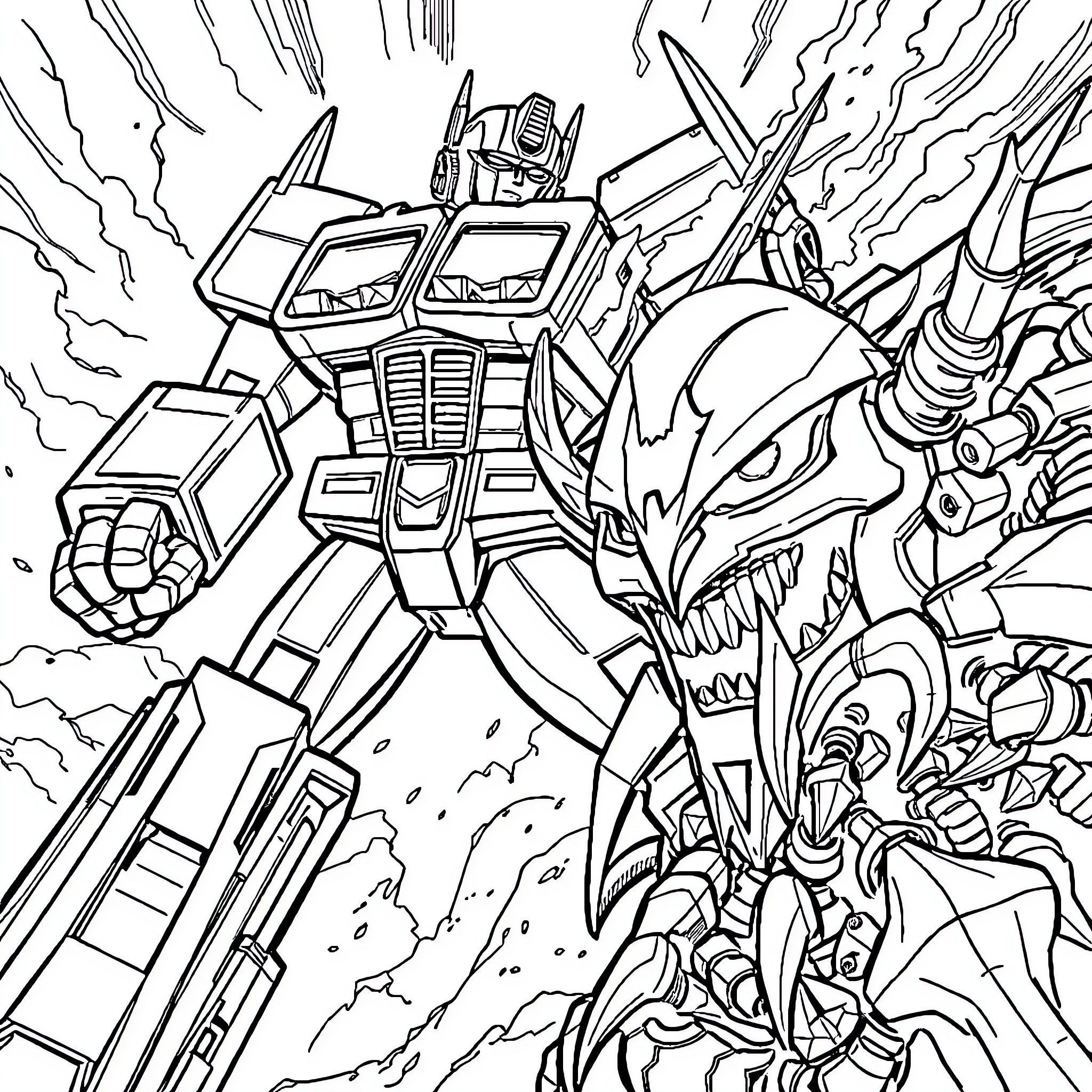Optimus Prime battles fierce enemy in epic showdown Coloring Page (free black-and-white line drawing printable PDF for all, from beginners to advanced learners, including children, teens, adults, and seniors)