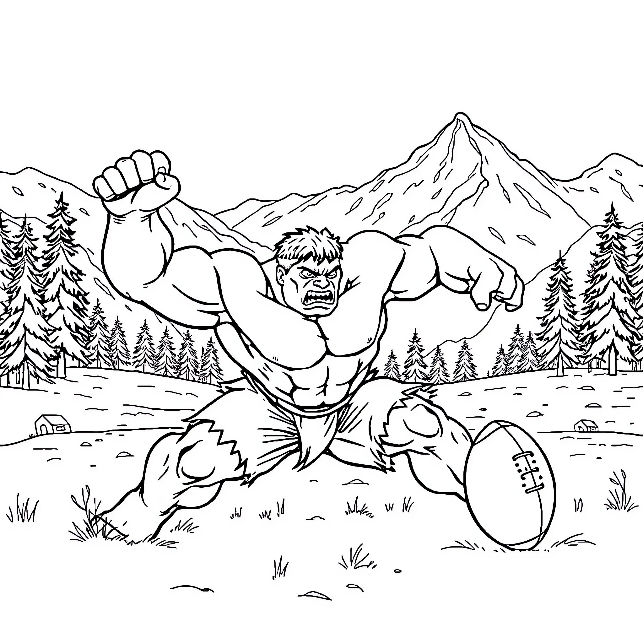 Hulk Unleashing Mighty Strength in Mountain Landscape Coloring Page (free black-and-white line drawing printable PDF for all, from beginners to advanced learners, including children, teens, adults, and seniors)