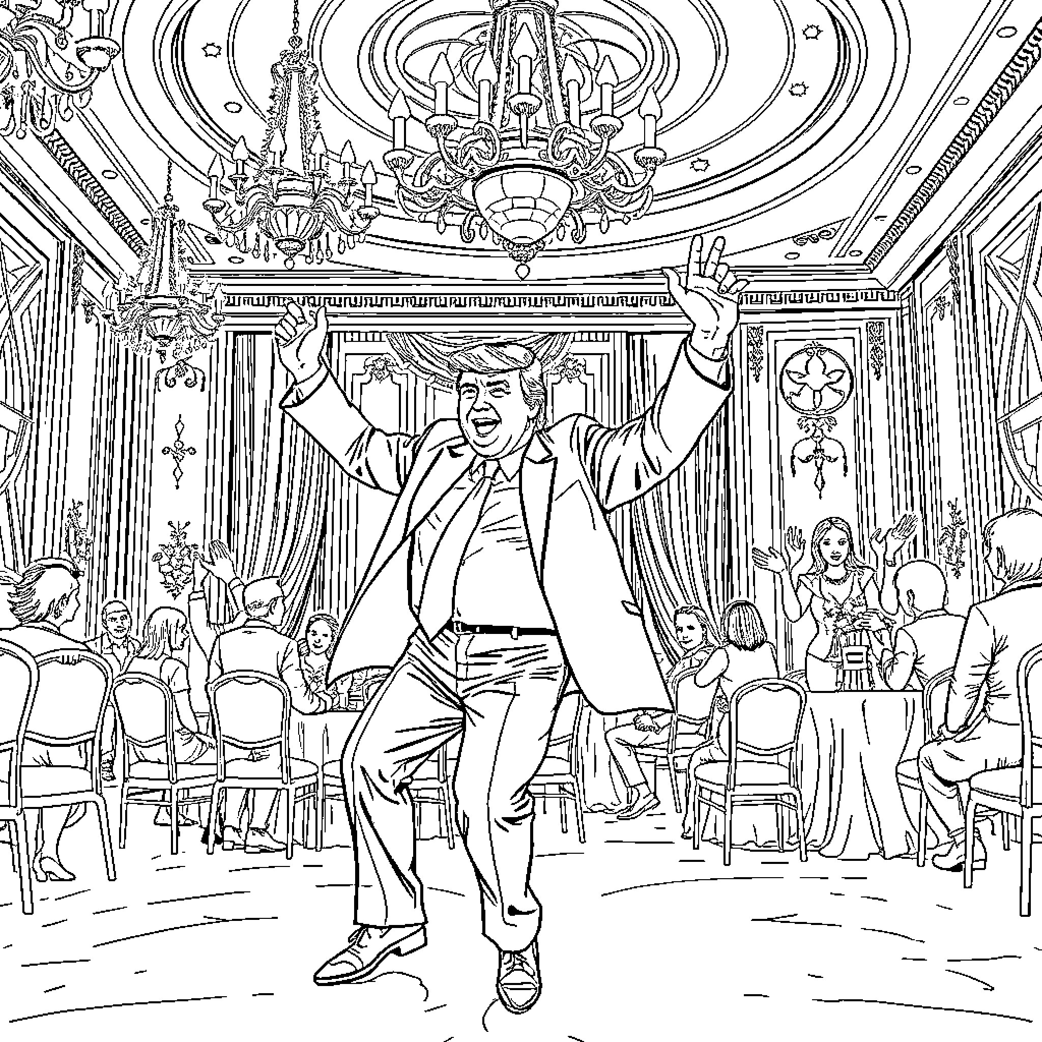 Donald Trump Delivering a Dramatic Speech in a Lavish Ballroom Coloring Page (free black-and-white line drawing printable PDF for all, from beginners to advanced learners, including children, teens, adults, and seniors)