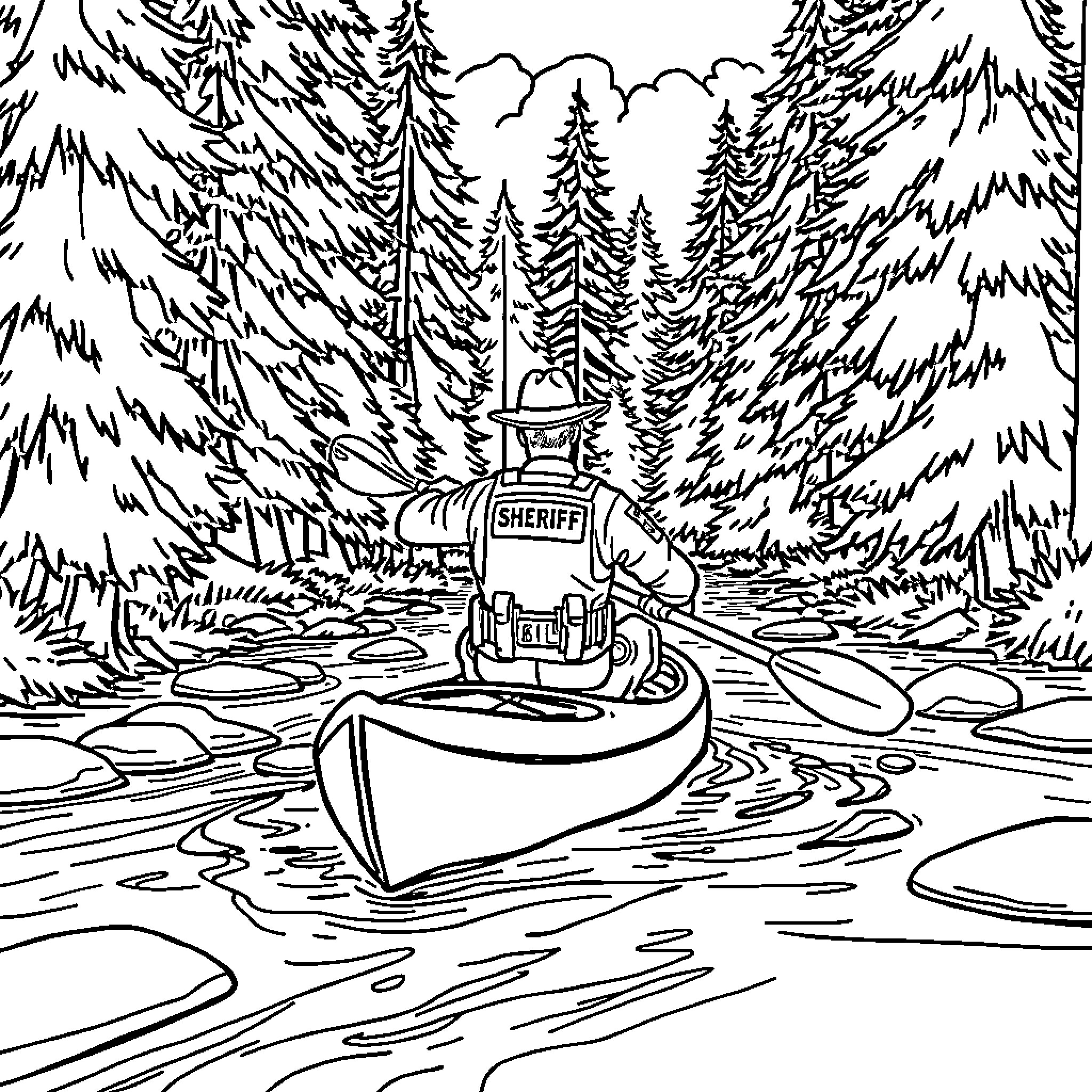 Sheriff's boat in the tranquil forest lake Coloring Page (free black-and-white line drawing printable PDF for all, from beginners to advanced learners, including children, teens, adults, and seniors)