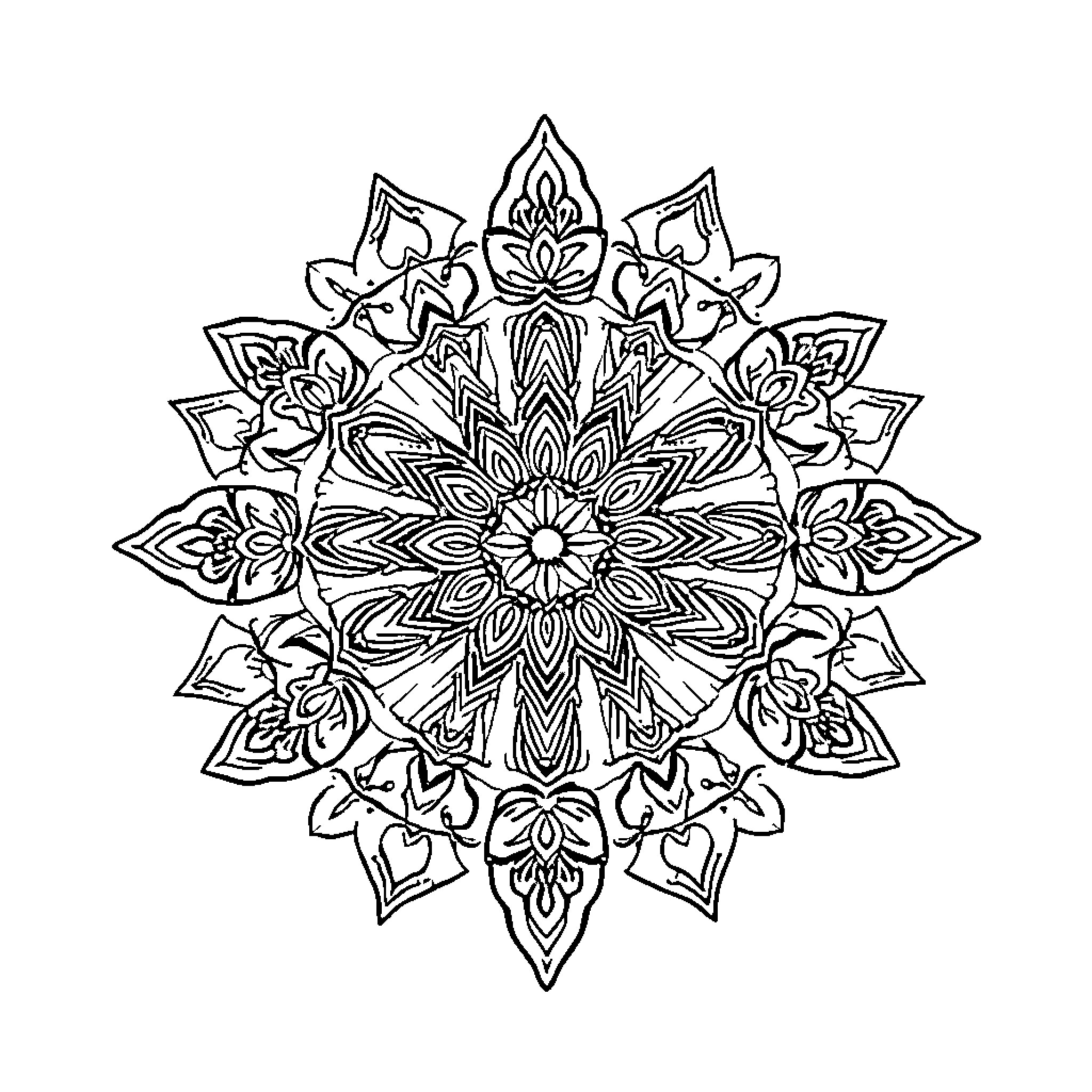 Mandala of intricate floral patterns Coloring Page (free black-and-white line drawing printable PDF for all, from beginners to advanced learners, including children, teens, adults, and seniors)