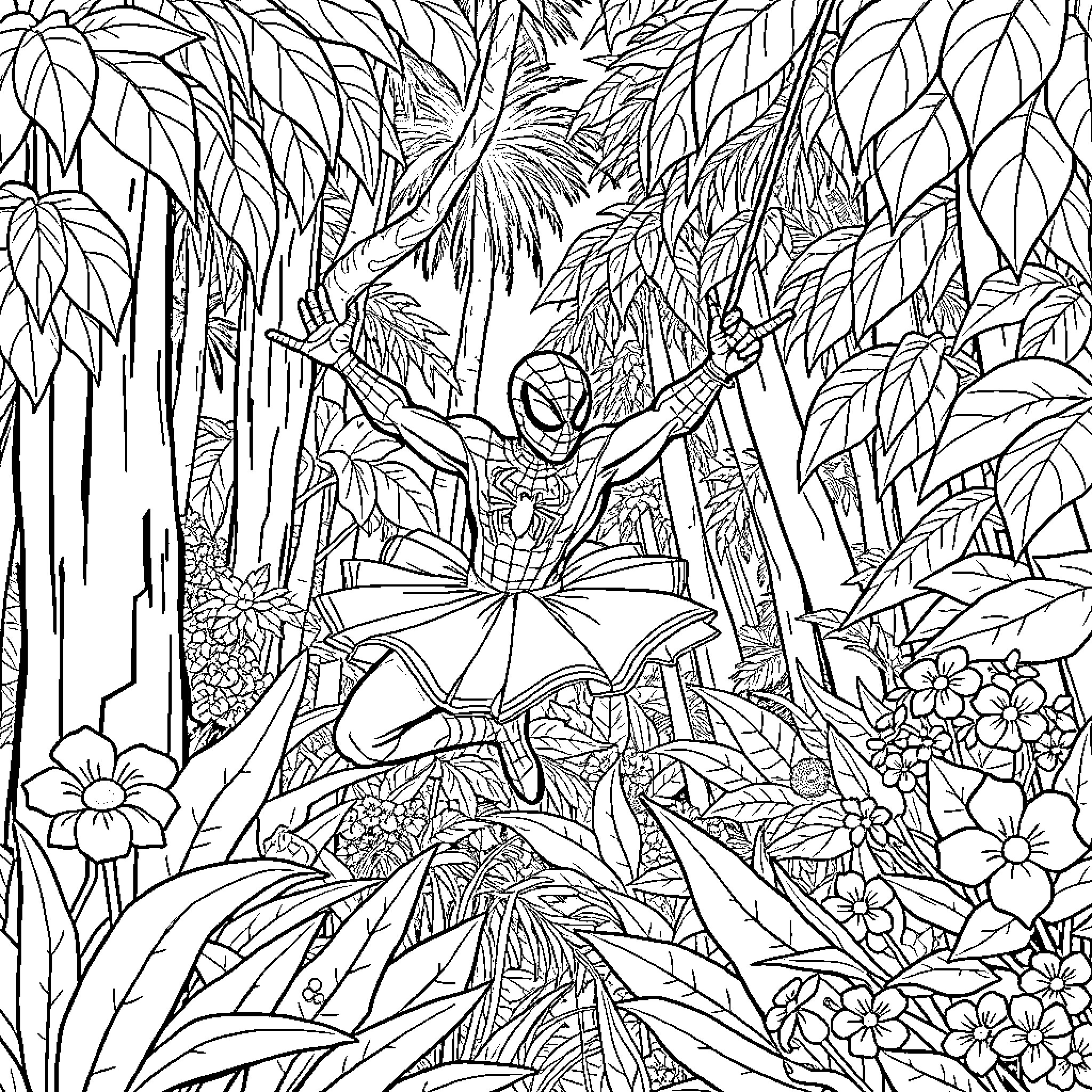 Spiderman swinging through a lush jungle landscape Coloring Page (free black-and-white line drawing printable PDF for all, from beginners to advanced learners, including children, teens, adults, and seniors)