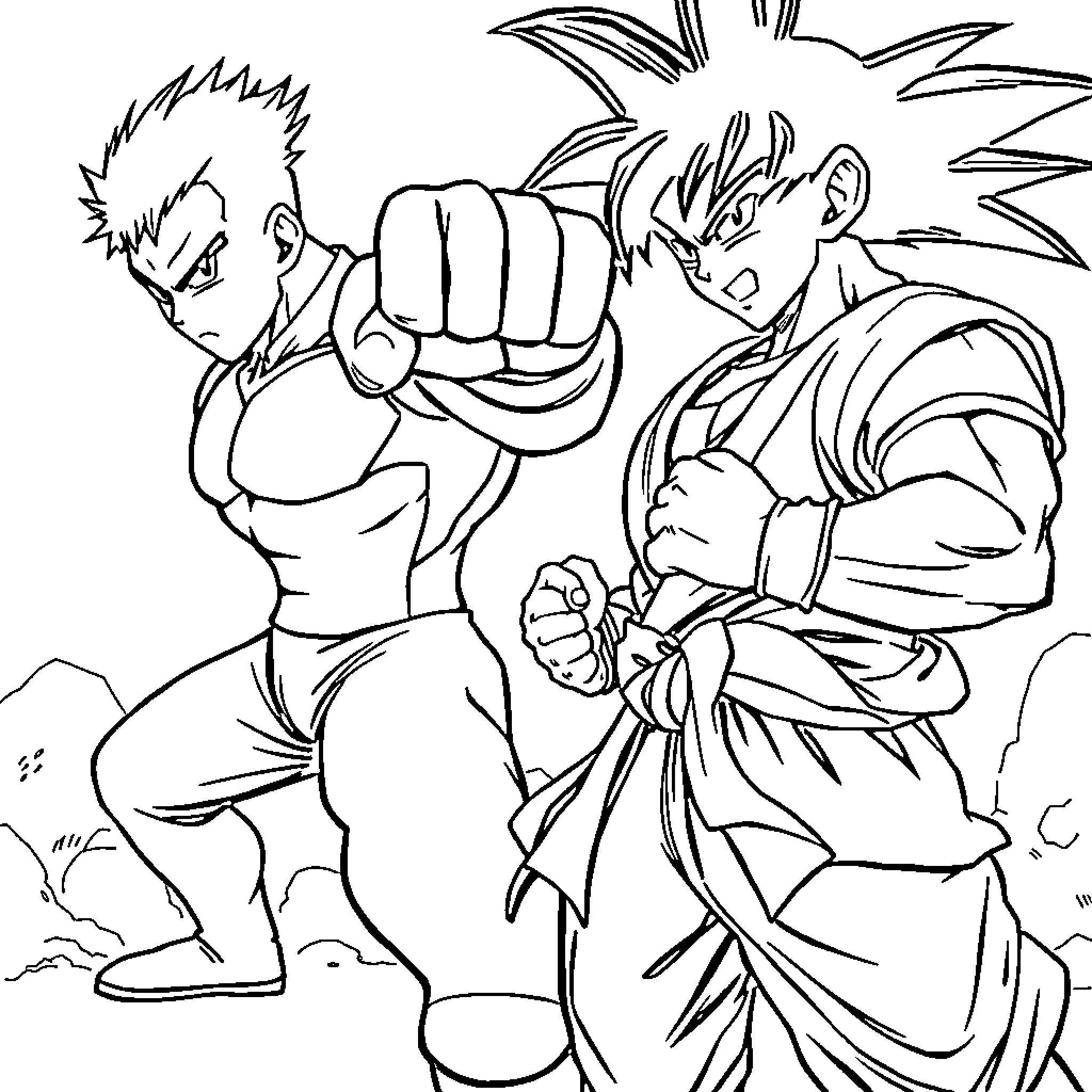 One Punch Man characters in combat pose Coloring Page (free black-and-white line drawing printable PDF for all, from beginners to advanced learners, including children, teens, adults, and seniors)