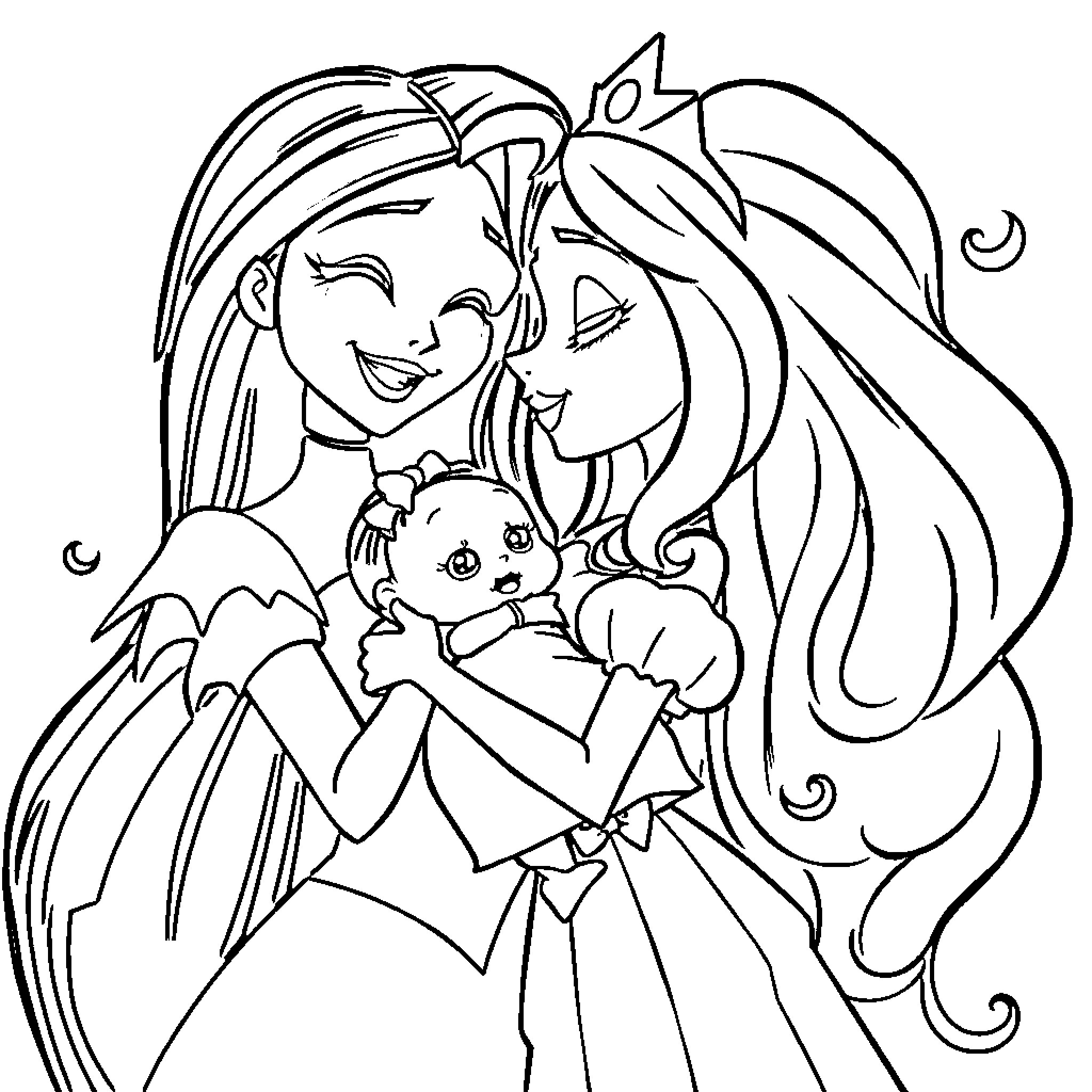 Marceline caring for her baby companion Coloring Page (free black-and-white line drawing printable PDF for all, from beginners to advanced learners, including children, teens, adults, and seniors)