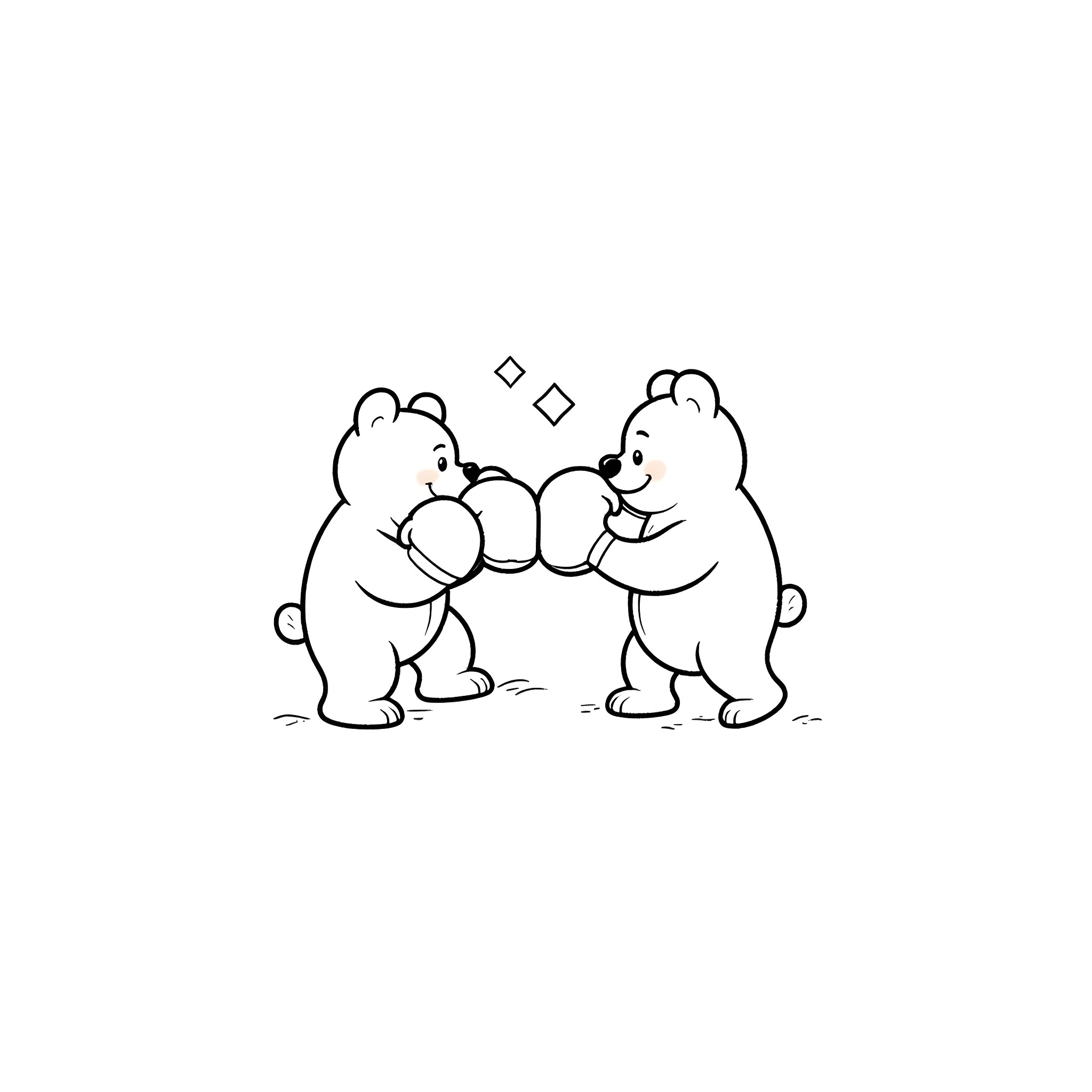 Bear boxing friends having fun together Coloring Page (free black-and-white line drawing printable PDF for all, from beginners to advanced learners, including children, teens, adults, and seniors)
