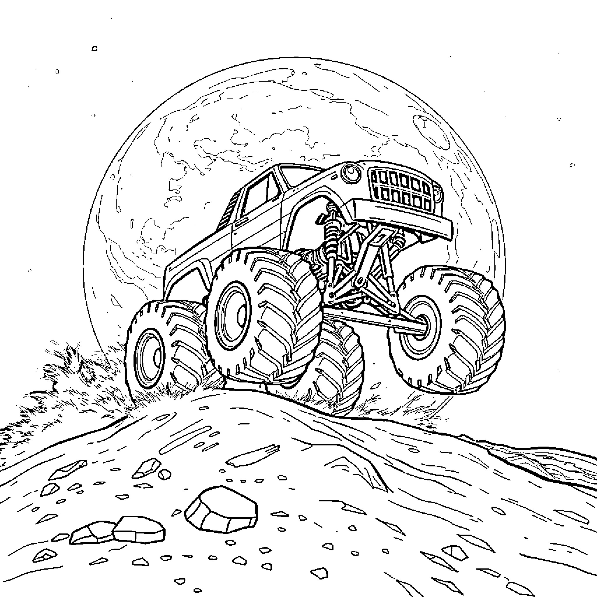 Monster Truck Conquering Challenging Terrain on Distant Planet Coloring Page (free black-and-white line drawing printable PDF for all, from beginners to advanced learners, including children, teens, adults, and seniors)