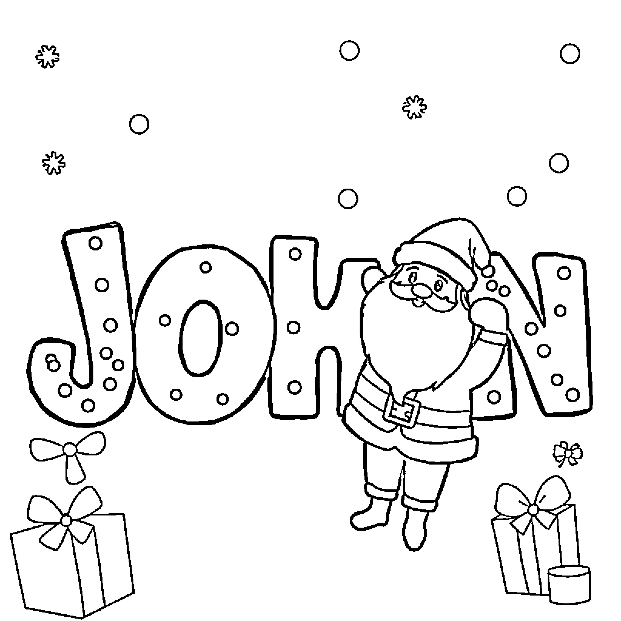John the jolly Santa with gifts in the snow Coloring Page (free black-and-white line drawing printable PDF for all, from beginners to advanced learners, including children, teens, adults, and seniors)