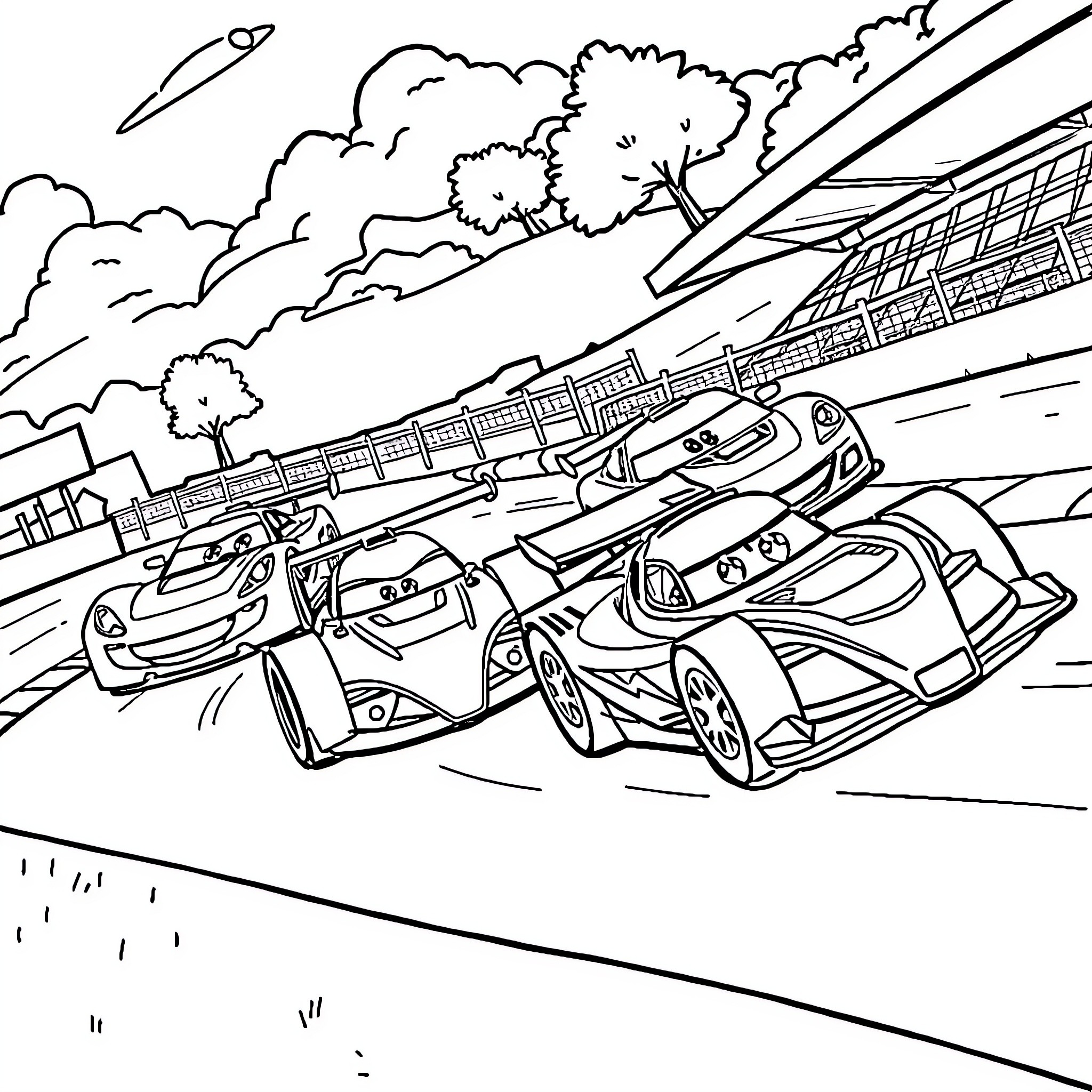 Racecar competition on racetrack with speeding vehicles Coloring Page (free black-and-white line drawing printable PDF for all, from beginners to advanced learners, including children, teens, adults, and seniors)