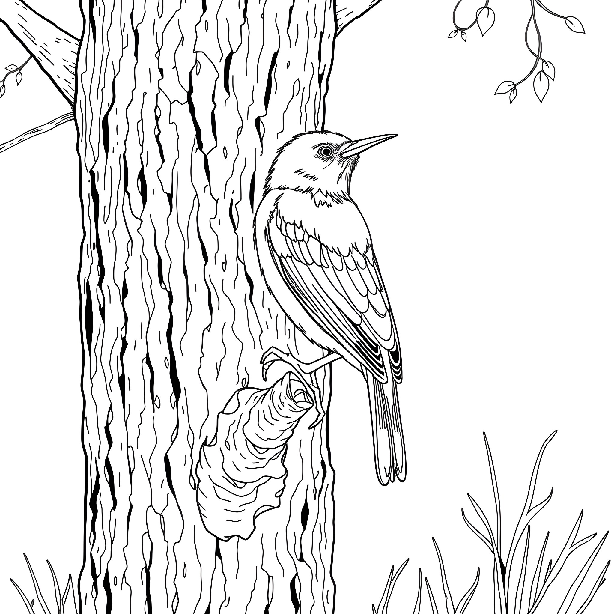Honeycreeper perching on tree bark near leaves Coloring Page (free black-and-white line drawing printable PDF for all, from beginners to advanced learners, including children, teens, adults, and seniors)