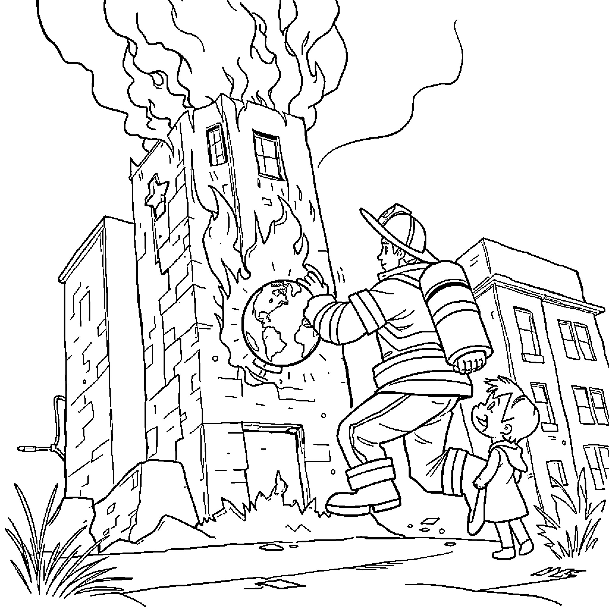 Firefighter rescuing person from burning building Coloring Page (free black-and-white line drawing printable PDF for all, from beginners to advanced learners, including children, teens, adults, and seniors)