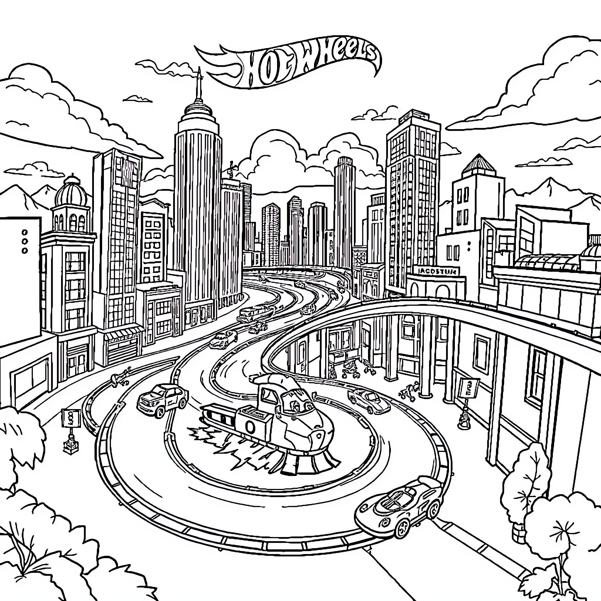 Hot Wheels racing through a vibrant cityscape Coloring Page (free black-and-white line drawing printable PDF for all, from beginners to advanced learners, including children, teens, adults, and seniors)