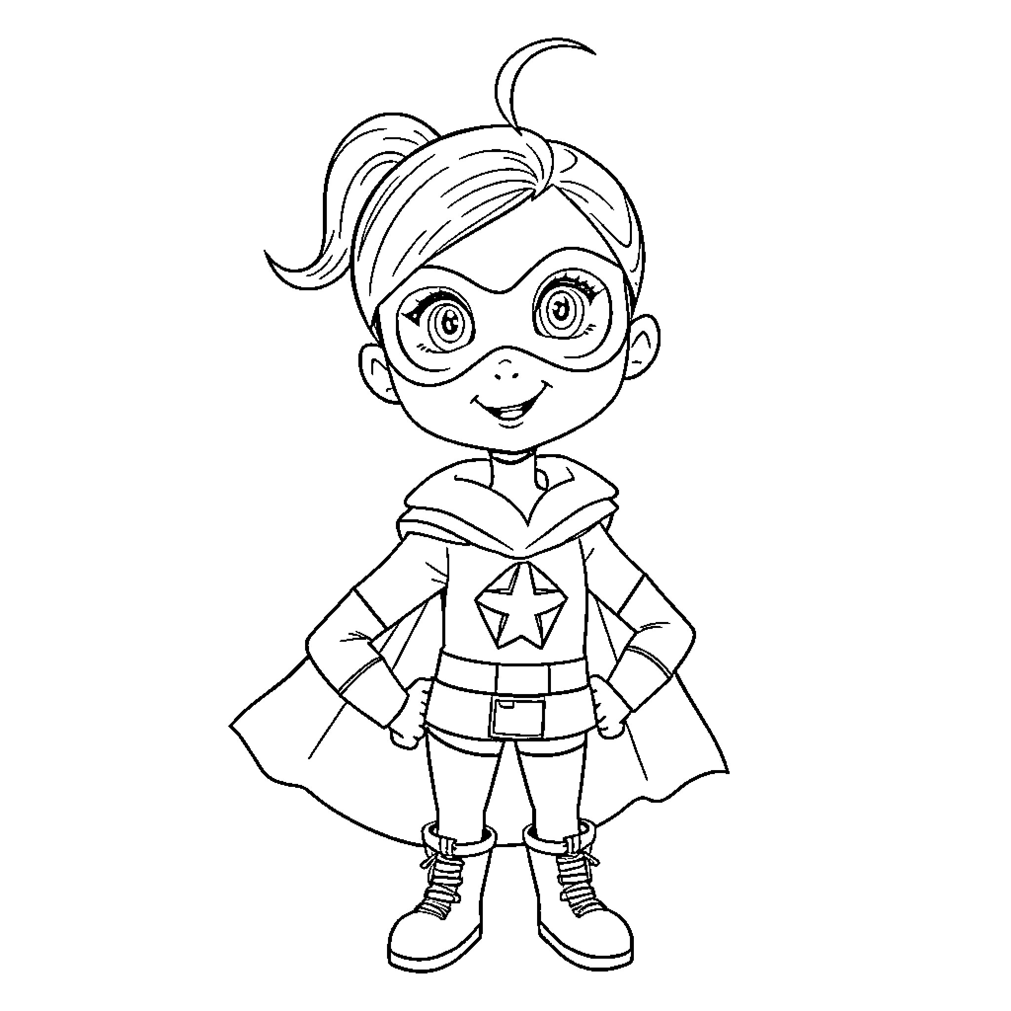 Superhero kid in costume posing with confidence Coloring Page (free black-and-white line drawing printable PDF for all, from beginners to advanced learners, including children, teens, adults, and seniors)