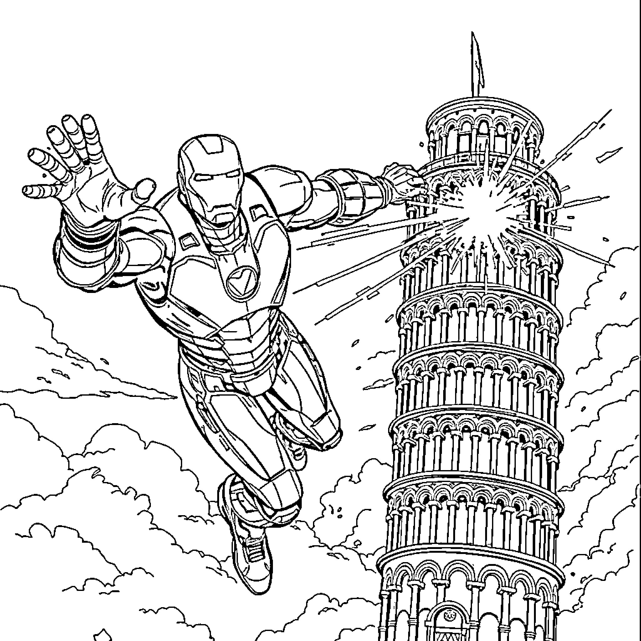 Iron Man heroically soars over a towering structure Coloring Page (free black-and-white line drawing printable PDF for all, from beginners to advanced learners, including children, teens, adults, and seniors)