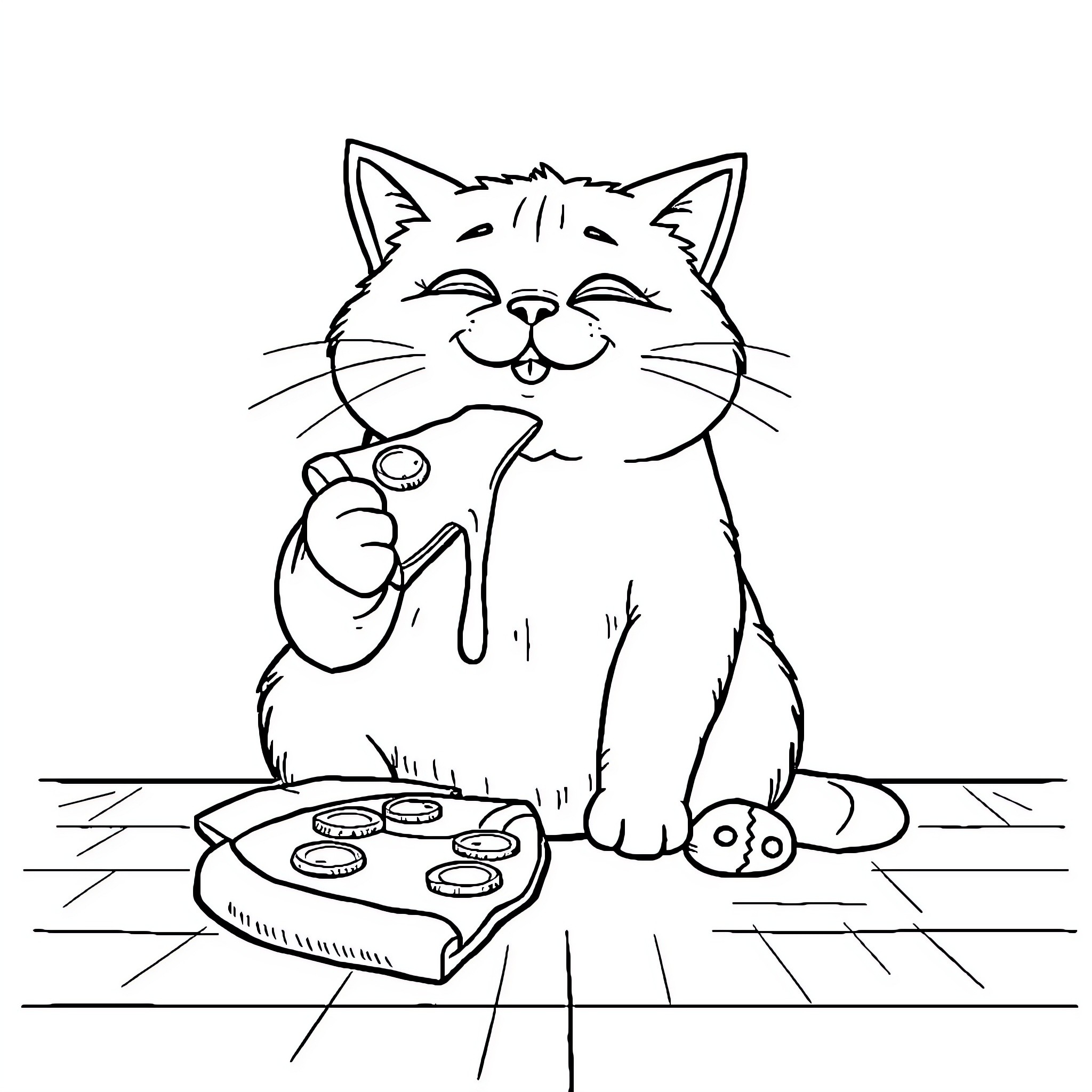Cat enjoying a tasty treat Coloring Page (free black-and-white line drawing printable PDF for all, from beginners to advanced learners, including children, teens, adults, and seniors)