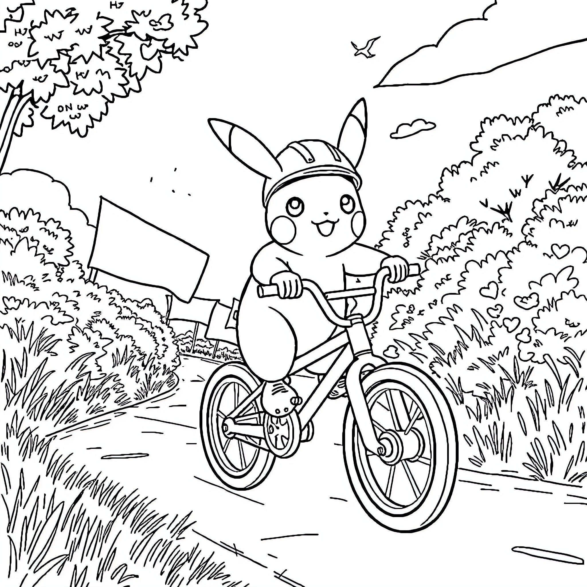 Pikachu riding a bicycle in the park Coloring Page (free black-and-white line drawing printable PDF for all, from beginners to advanced learners, including children, teens, adults, and seniors)
