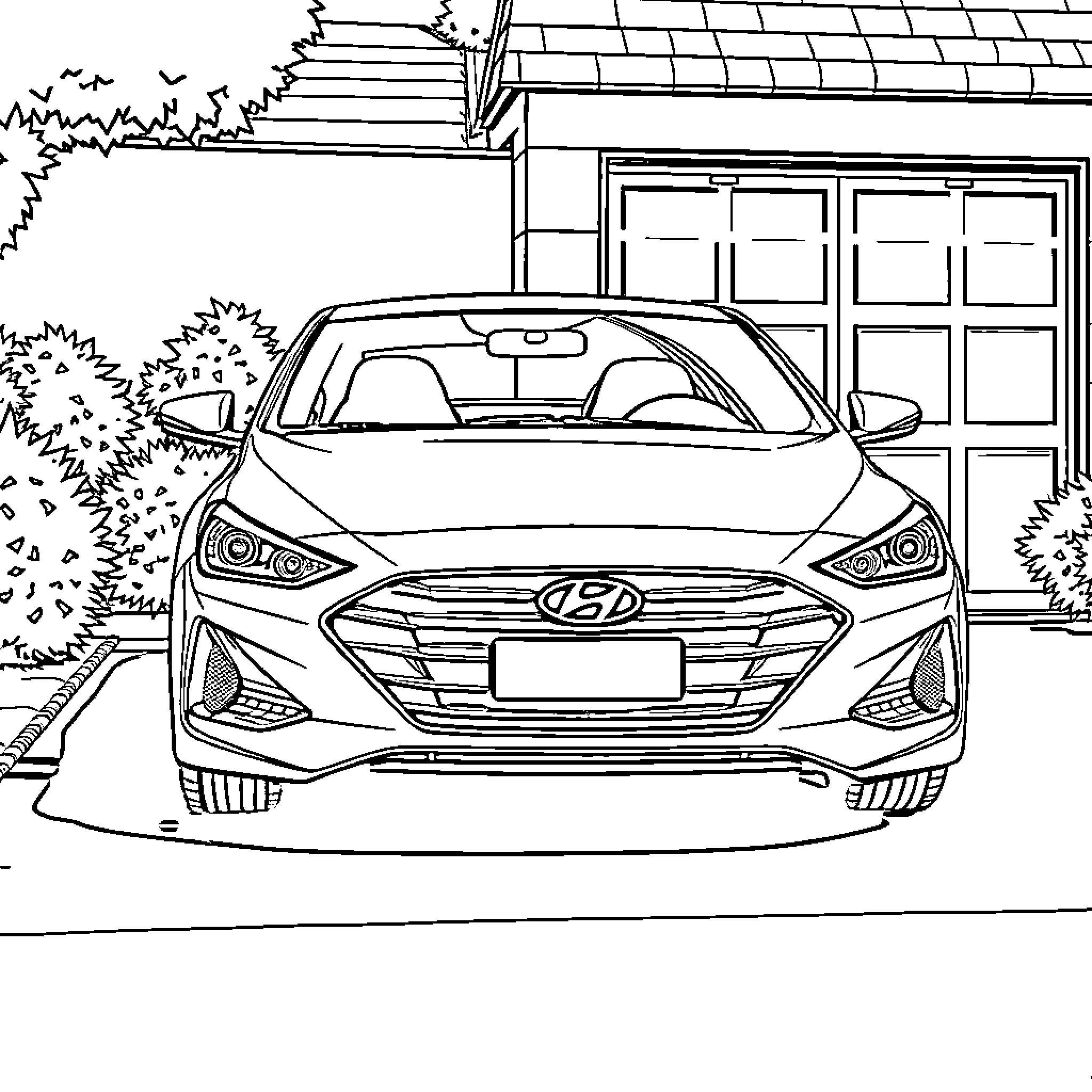Hyundai car parked in front of garage Coloring Page (free black-and-white line drawing printable PDF for all, from beginners to advanced learners, including children, teens, adults, and seniors)