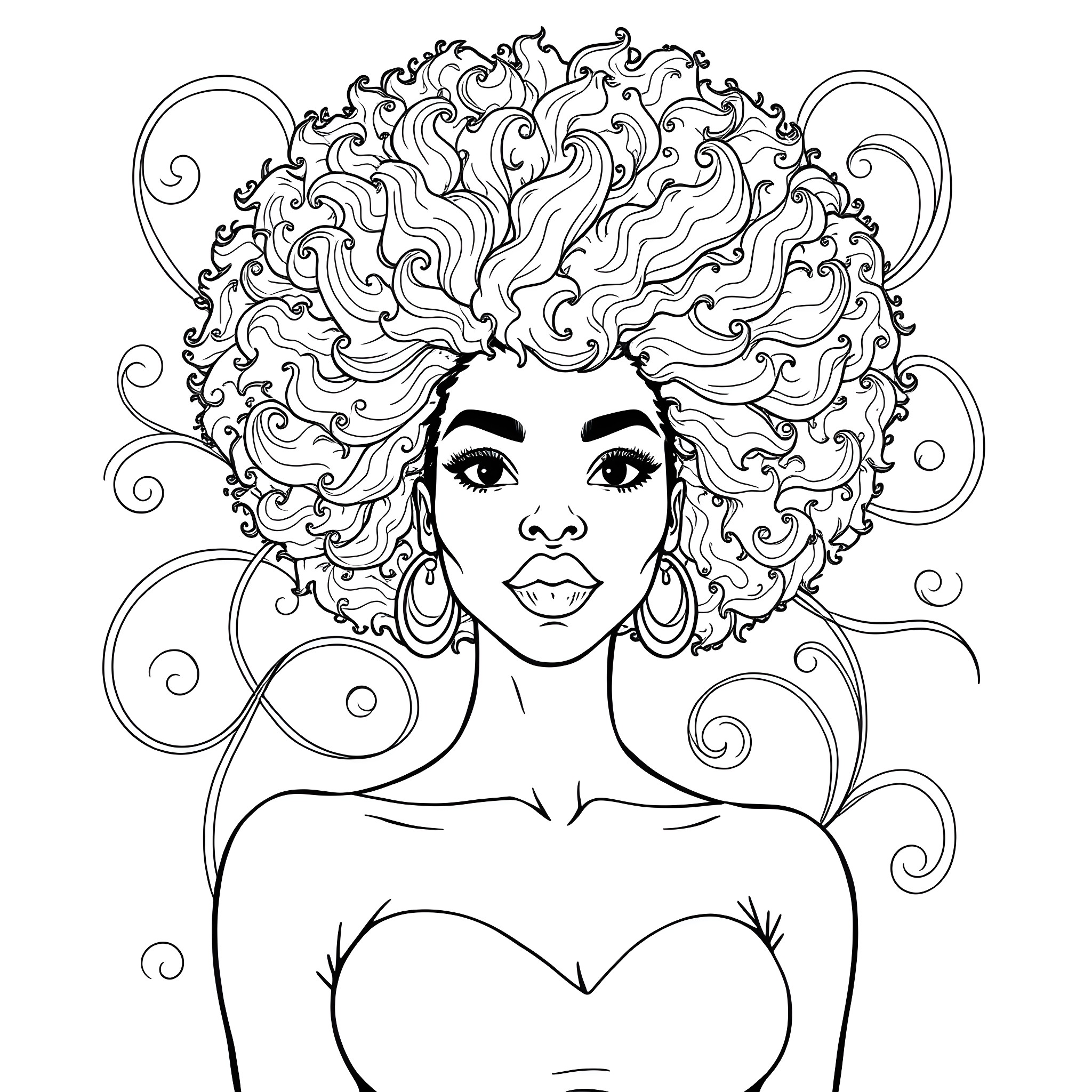 Woman with Ornate Curly Hair and Confident Expression Coloring Page (free black-and-white line drawing printable PDF for all, from beginners to advanced learners, including children, teens, adults, and seniors)