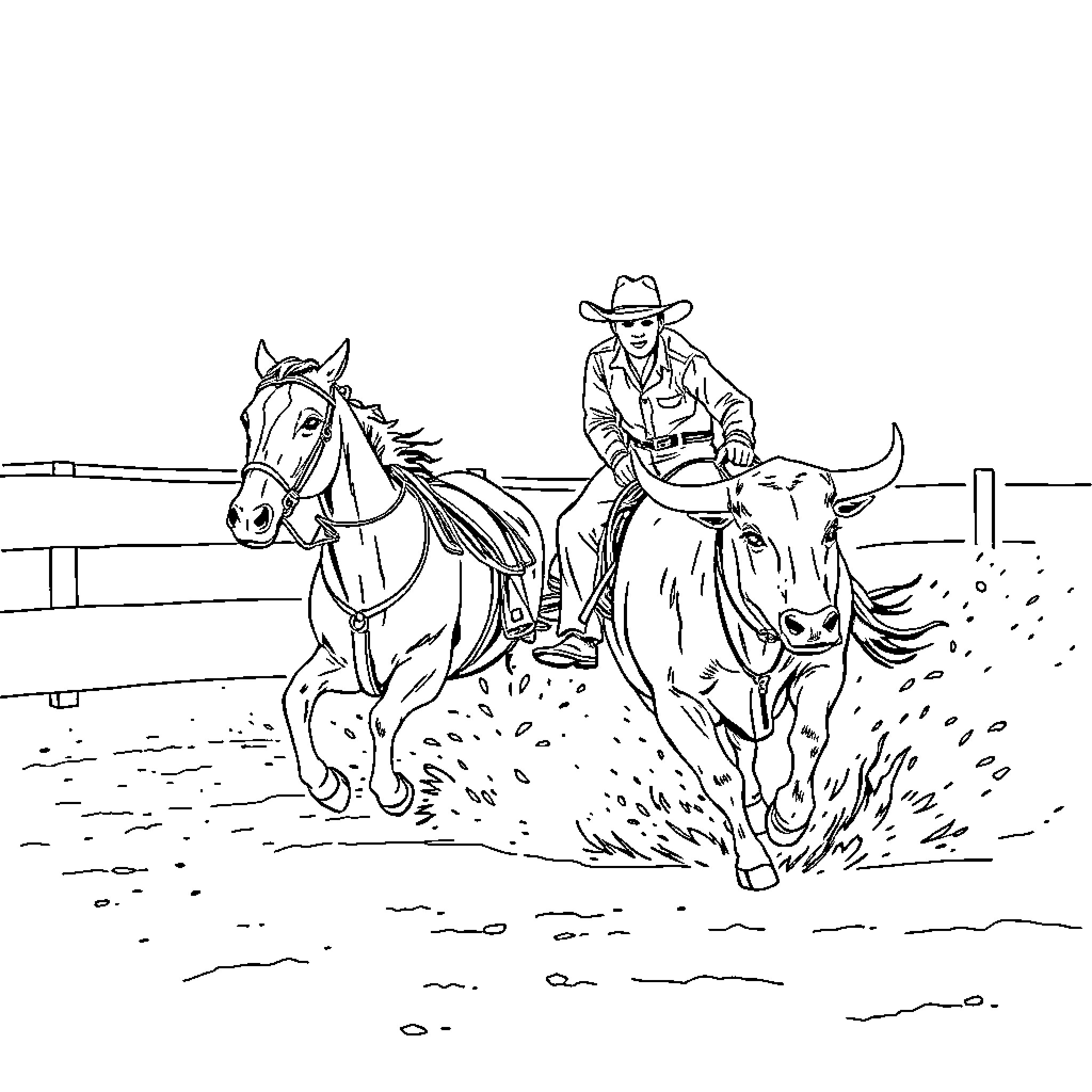 Roper riding horses on a ranch Coloring Page (free black-and-white line drawing printable PDF for all, from beginners to advanced learners, including children, teens, adults, and seniors)