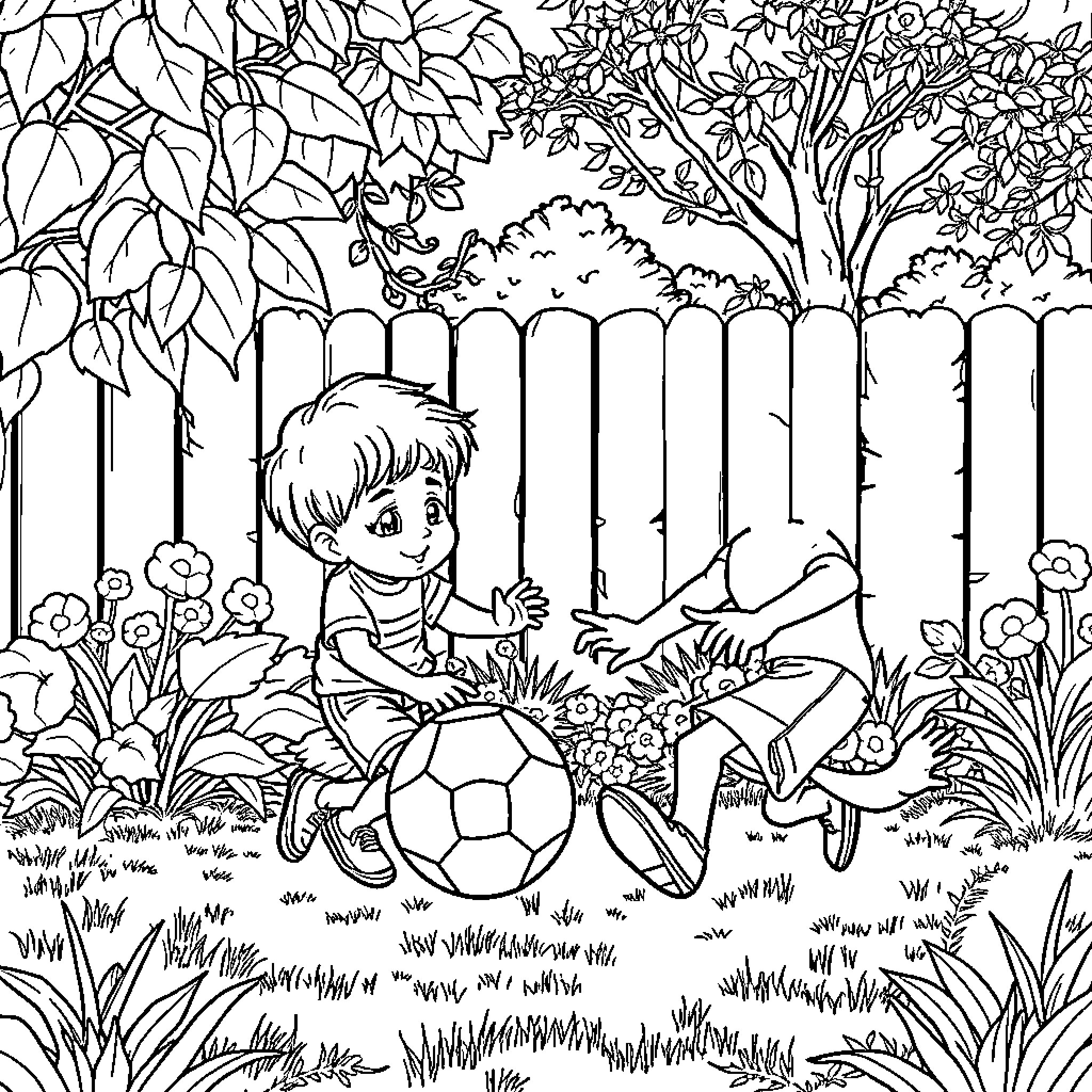 Child playing with soccer ball in backyard Coloring Page (free black-and-white line drawing printable PDF for all, from beginners to advanced learners, including children, teens, adults, and seniors)