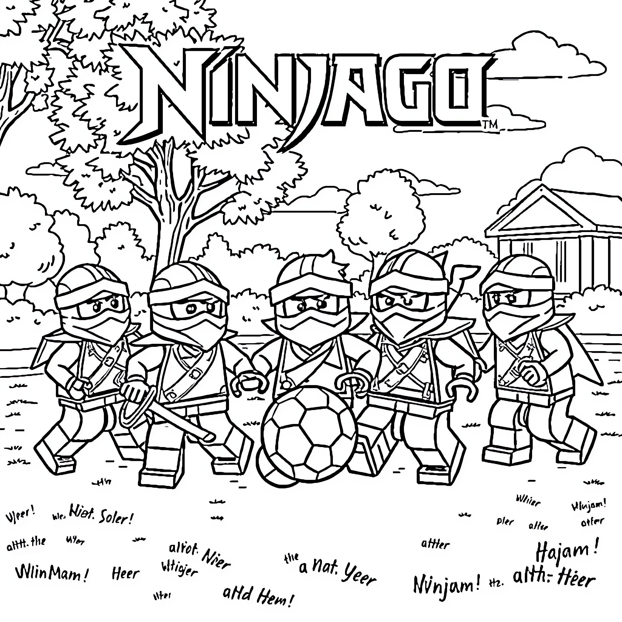 Ninjago Ninjas on an adventure in the forest Coloring Page (free black-and-white line drawing printable PDF for all, from beginners to advanced learners, including children, teens, adults, and seniors)