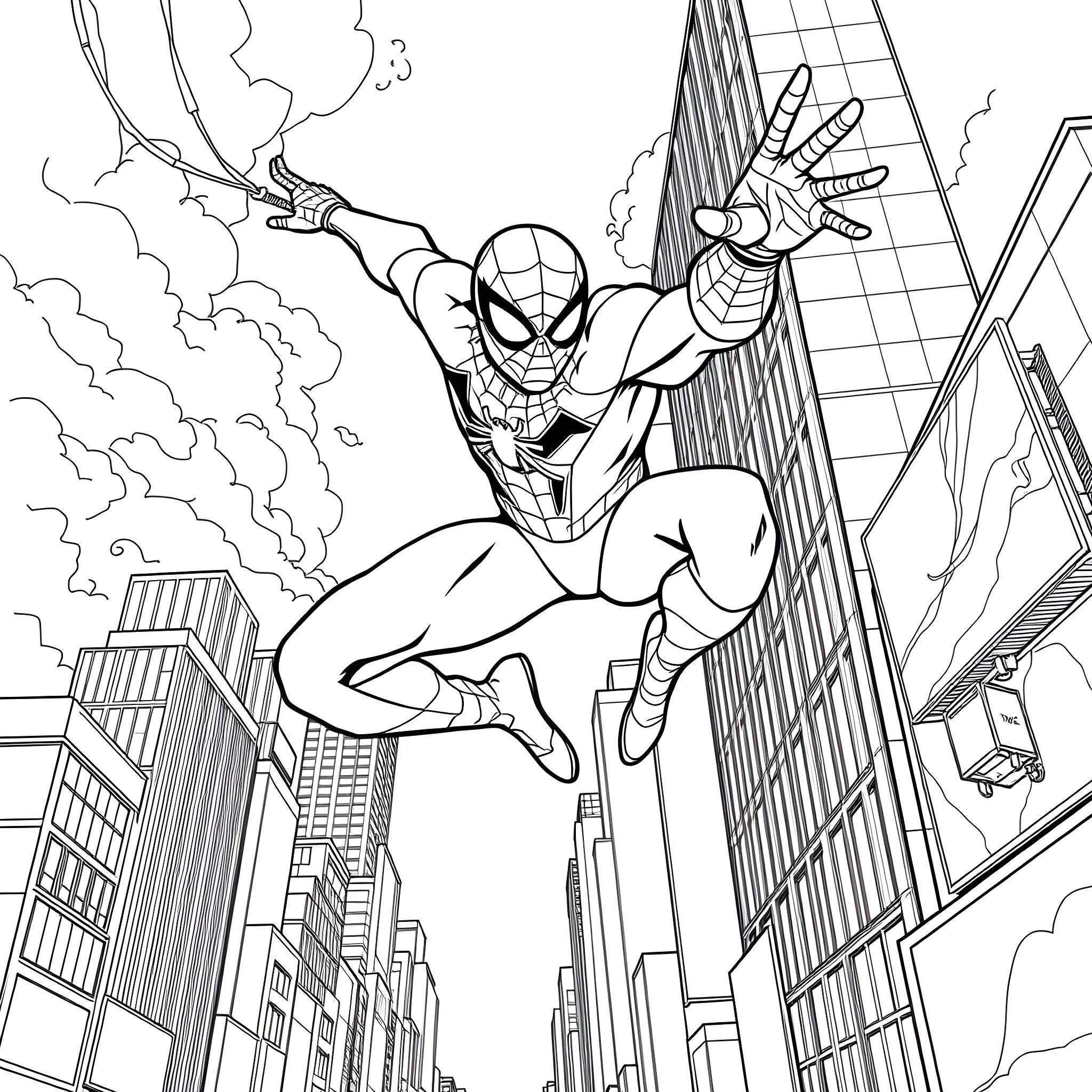 Spiderman swinging through the city Coloring Page (free black-and-white line drawing printable PDF for all, from beginners to advanced learners, including children, teens, adults, and seniors)