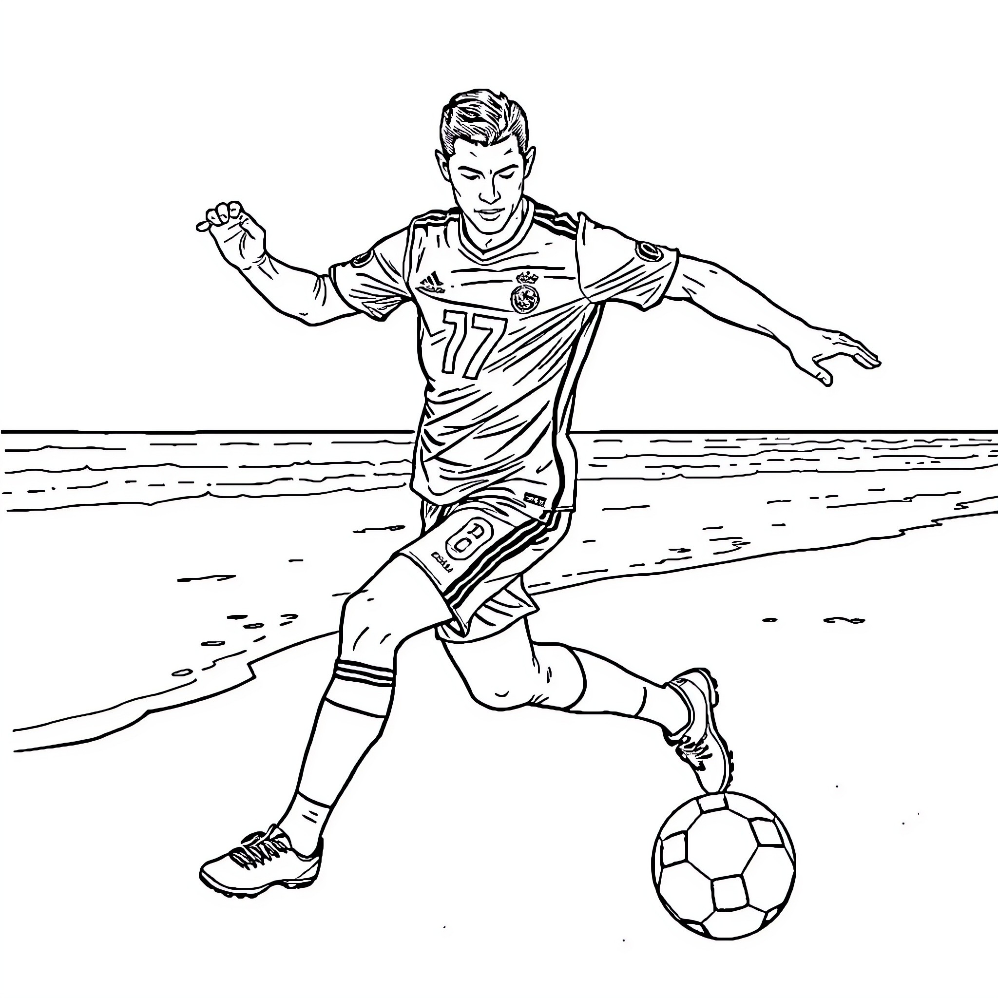 Cr7 celebrating a goal on the field Coloring Page (free black-and-white line drawing printable PDF for all, from beginners to advanced learners, including children, teens, adults, and seniors)