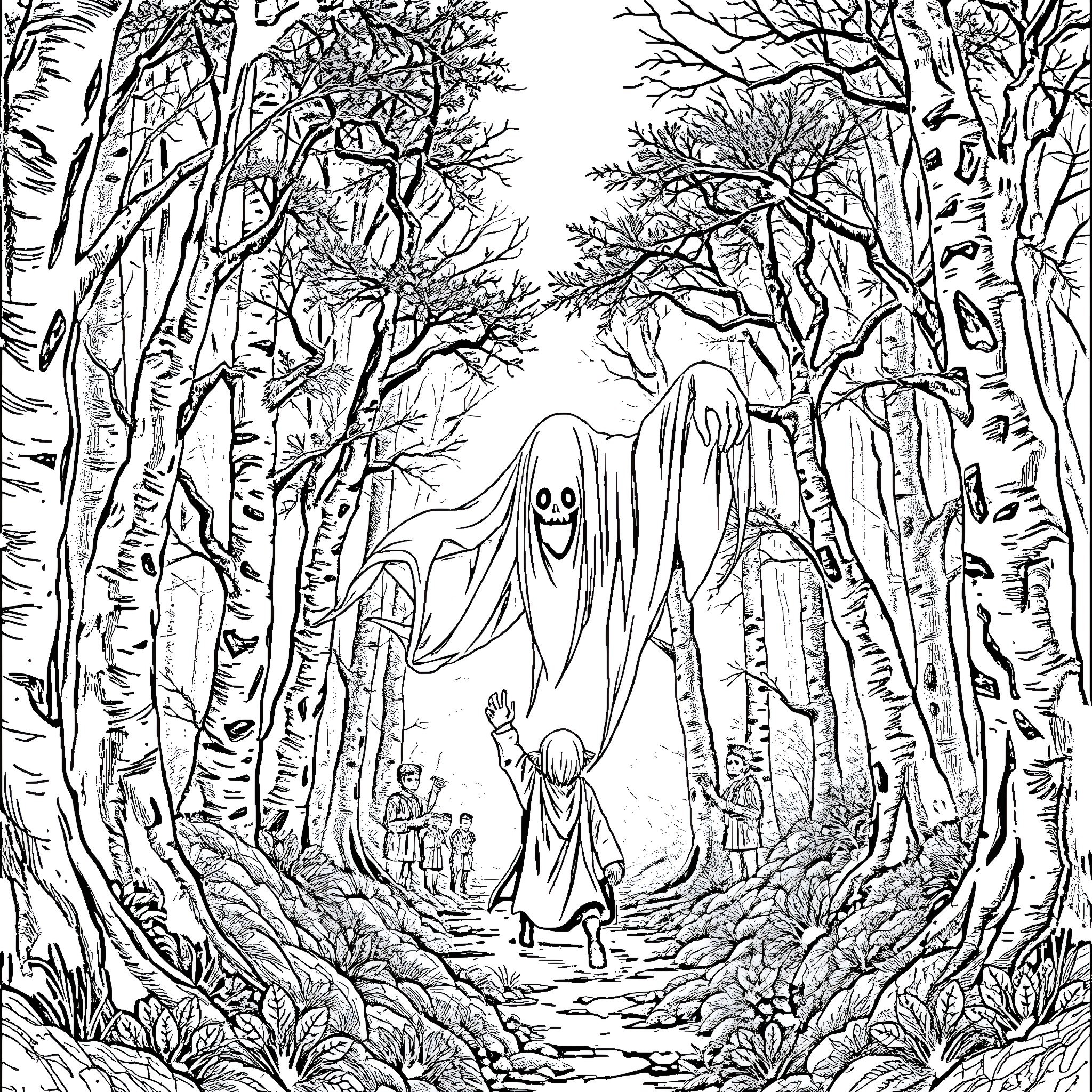 Yurai's Ghostly Encounter in the Enchanted Forest Coloring Page (free black-and-white line drawing printable PDF for all, from beginners to advanced learners, including children, teens, adults, and seniors)