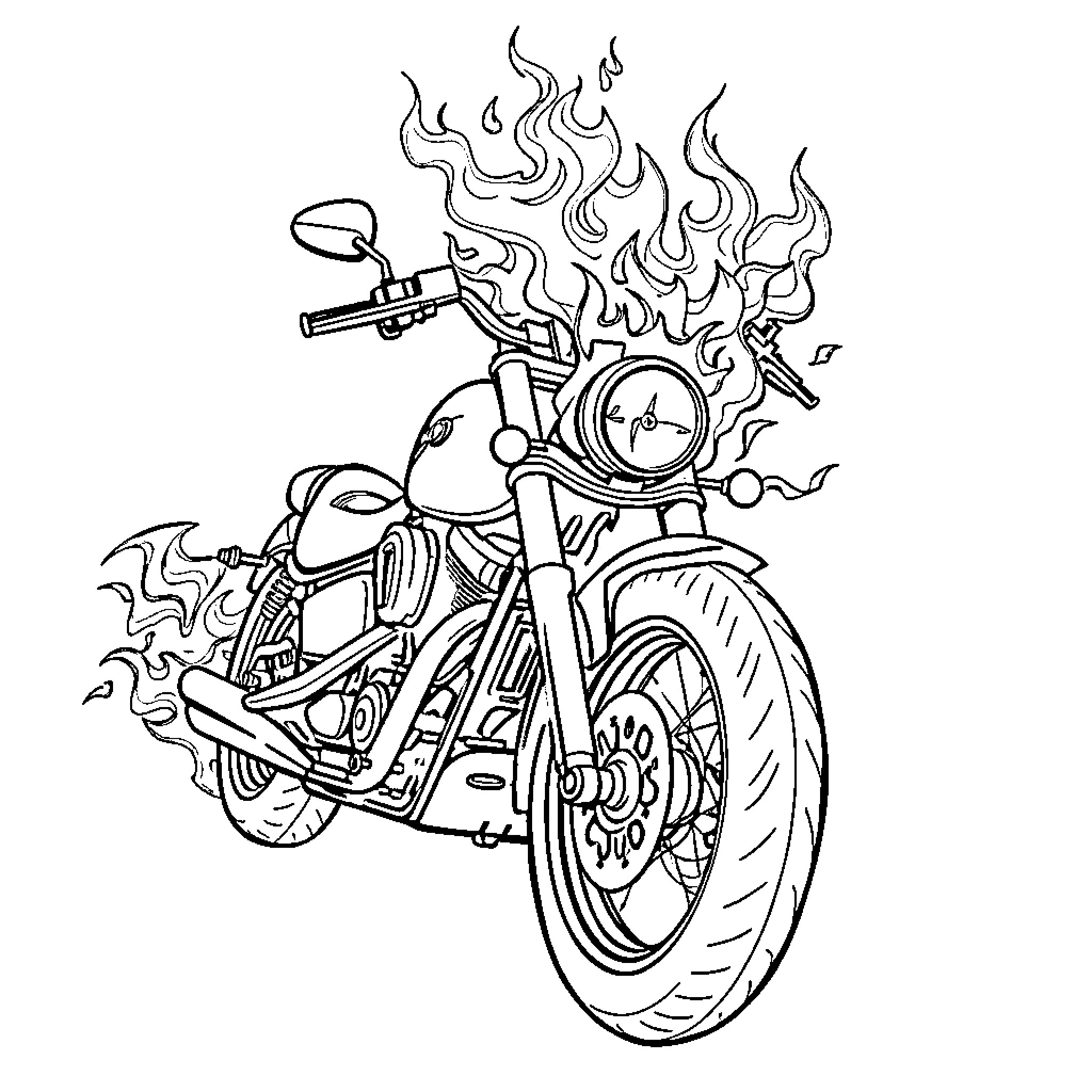 Bike engulfed in flames with fierce expression Coloring Page (free black-and-white line drawing printable PDF for all, from beginners to advanced learners, including children, teens, adults, and seniors)