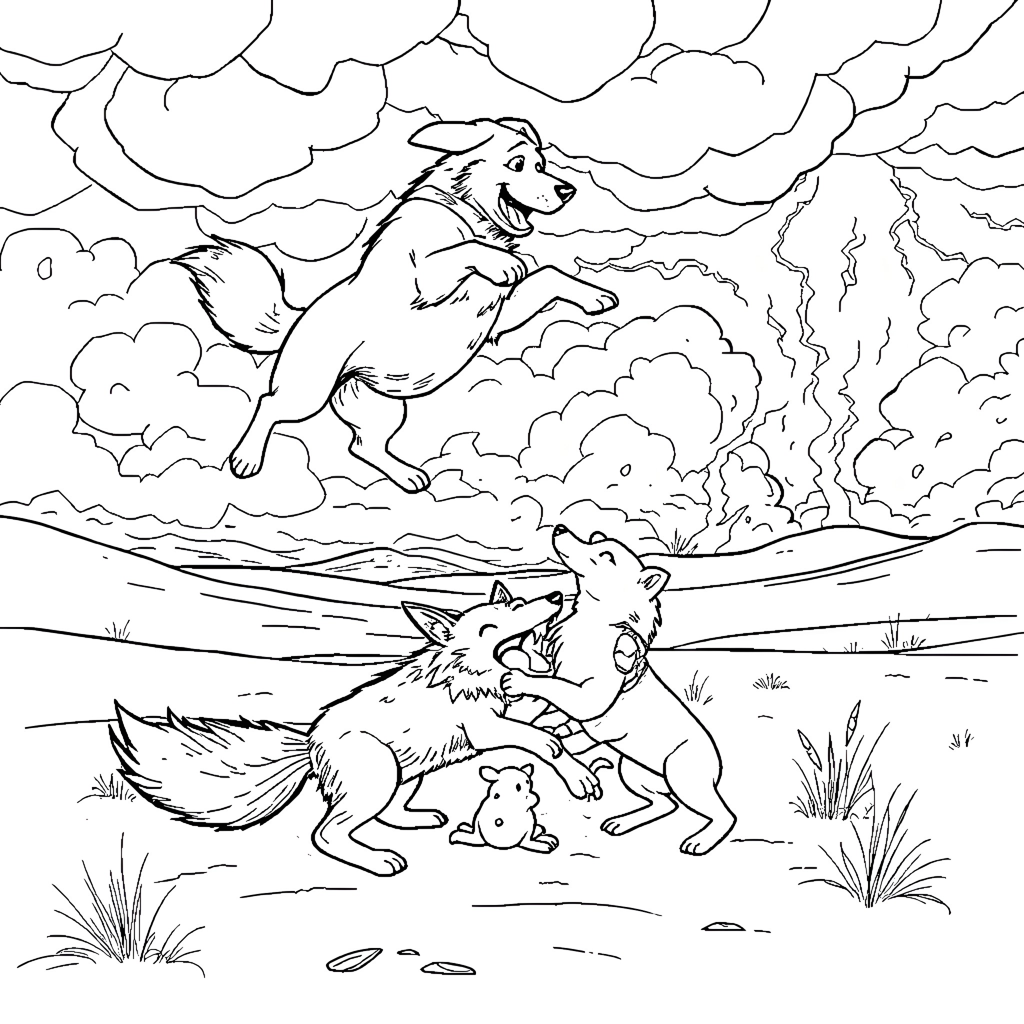 Dog running through a stormy landscape Coloring Page (free black-and-white line drawing printable PDF for all, from beginners to advanced learners, including children, teens, adults, and seniors)