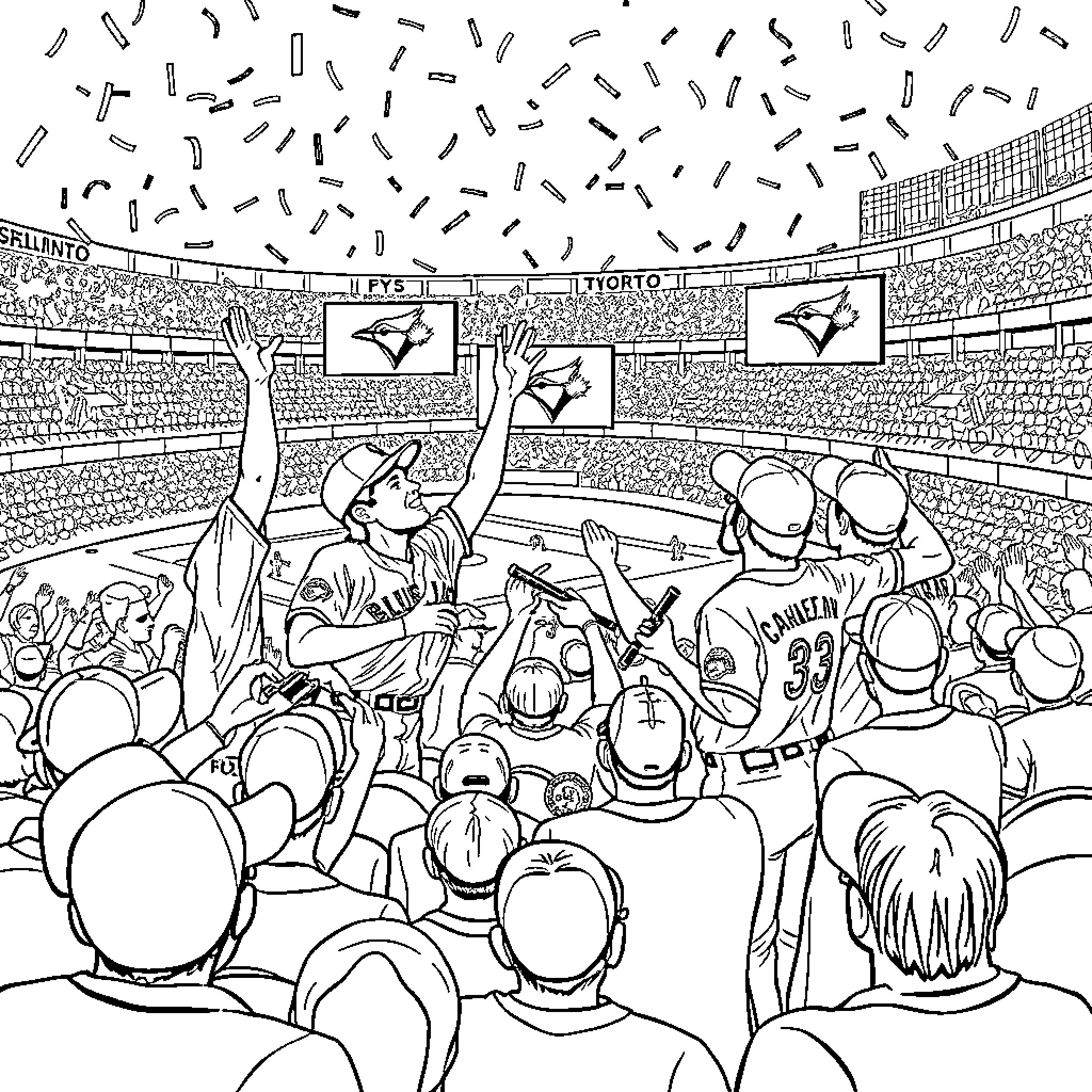 Blue Jay Fans Cheering Excitedly at Baseball Game Coloring Page (free black-and-white line drawing printable PDF for all, from beginners to advanced learners, including children, teens, adults, and seniors)