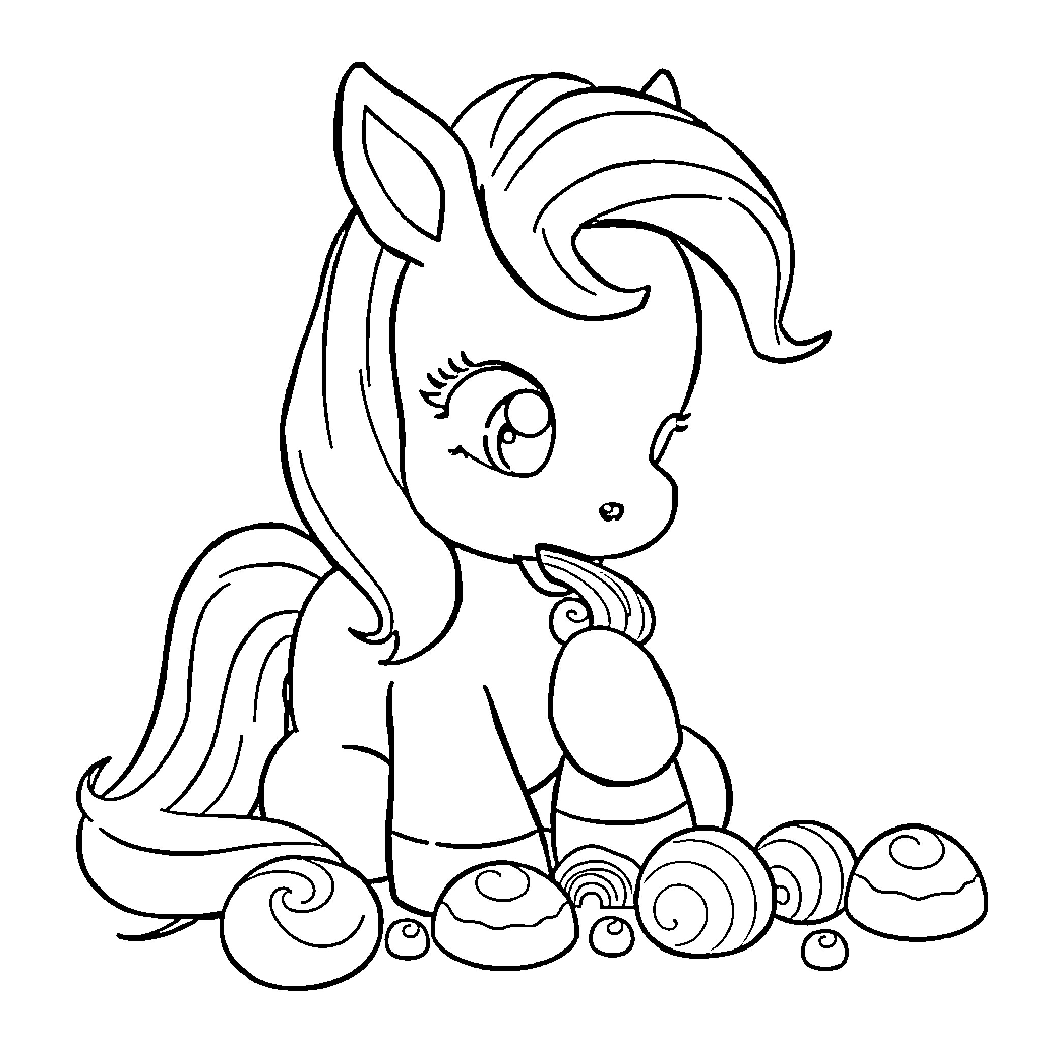 Pony with Swirly Mane and Treats Coloring Page (free black-and-white line drawing printable PDF for all, from beginners to advanced learners, including children, teens, adults, and seniors)