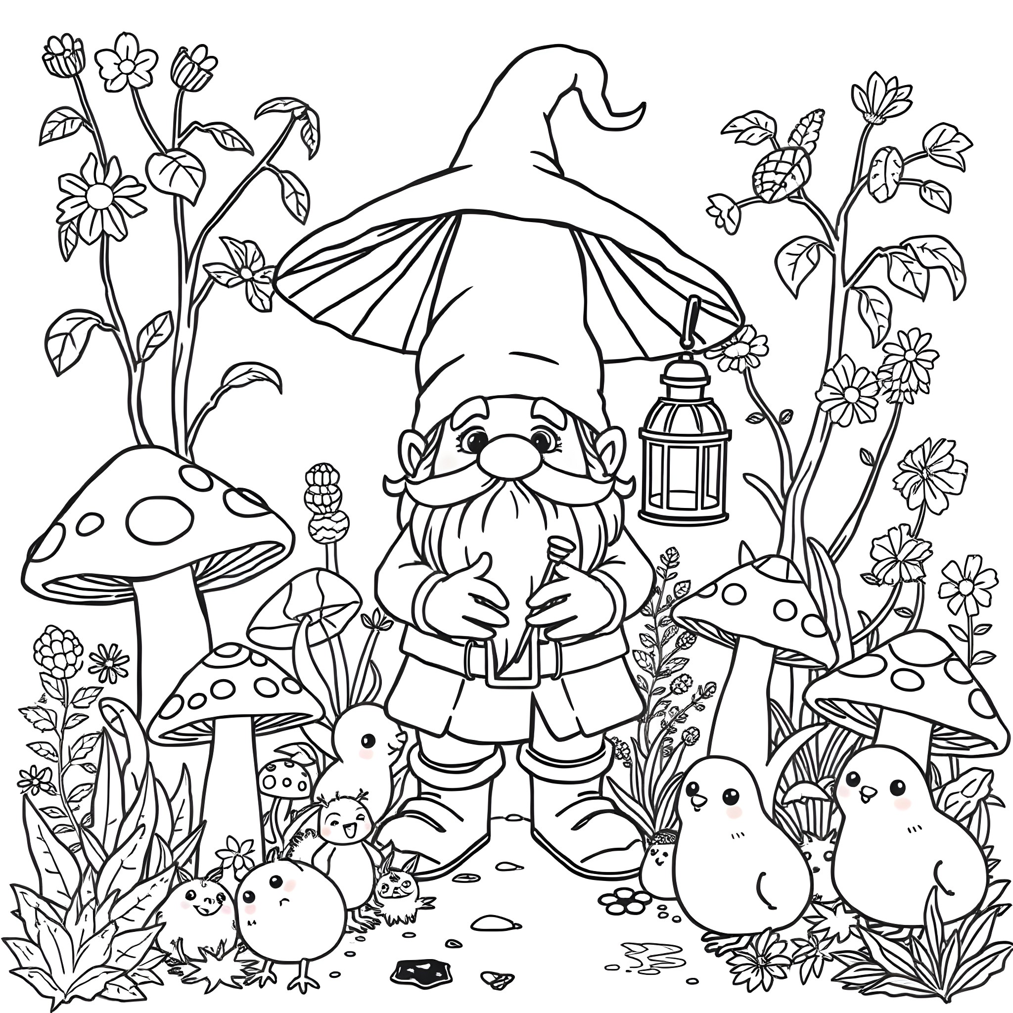 Gnome exploring the whimsical mushroom forest Coloring Page (free black-and-white line drawing printable PDF for all, from beginners to advanced learners, including children, teens, adults, and seniors)