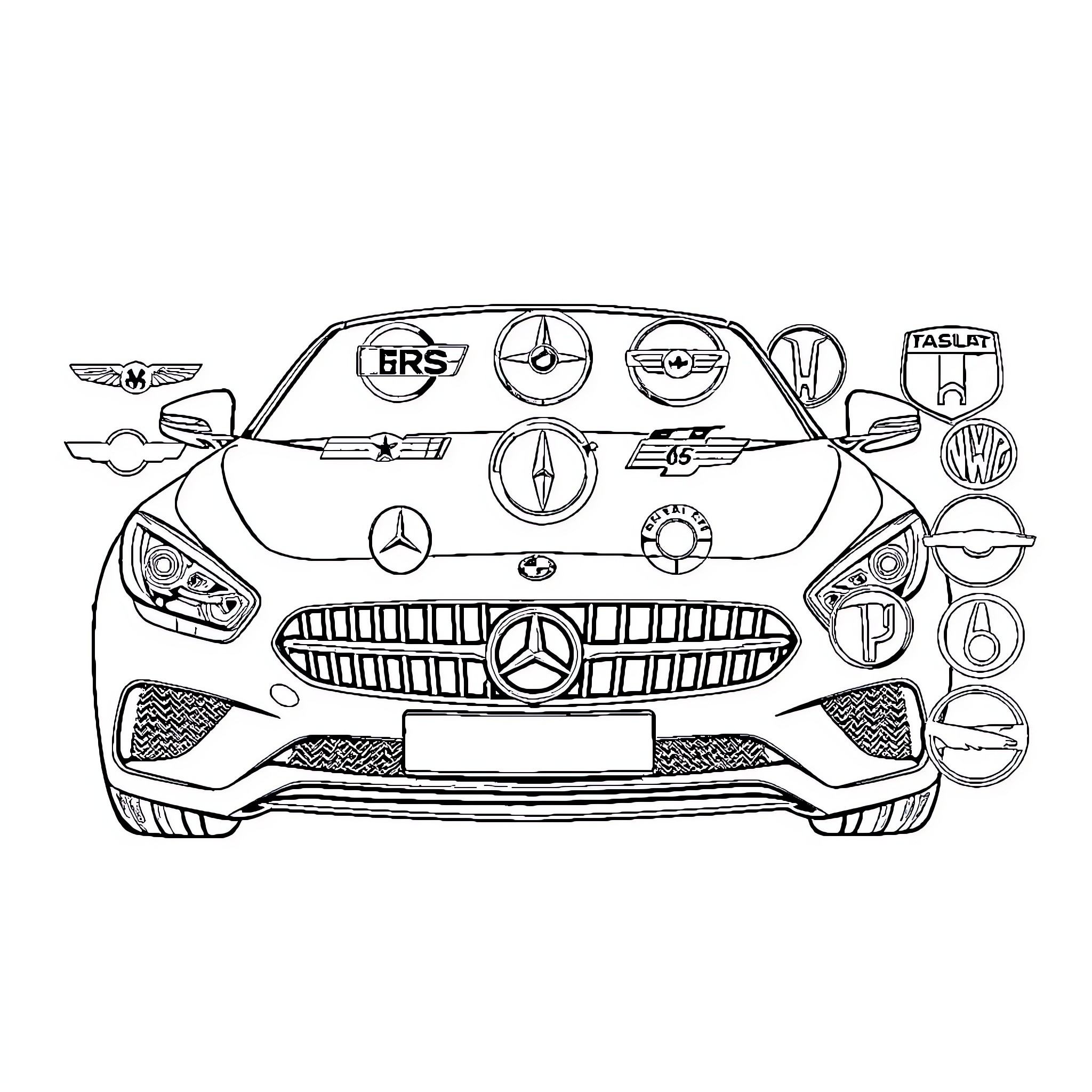 Car Logo Featuring Various Automotive Emblems Coloring Page (free black-and-white line drawing printable PDF for all, from beginners to advanced learners, including children, teens, adults, and seniors)