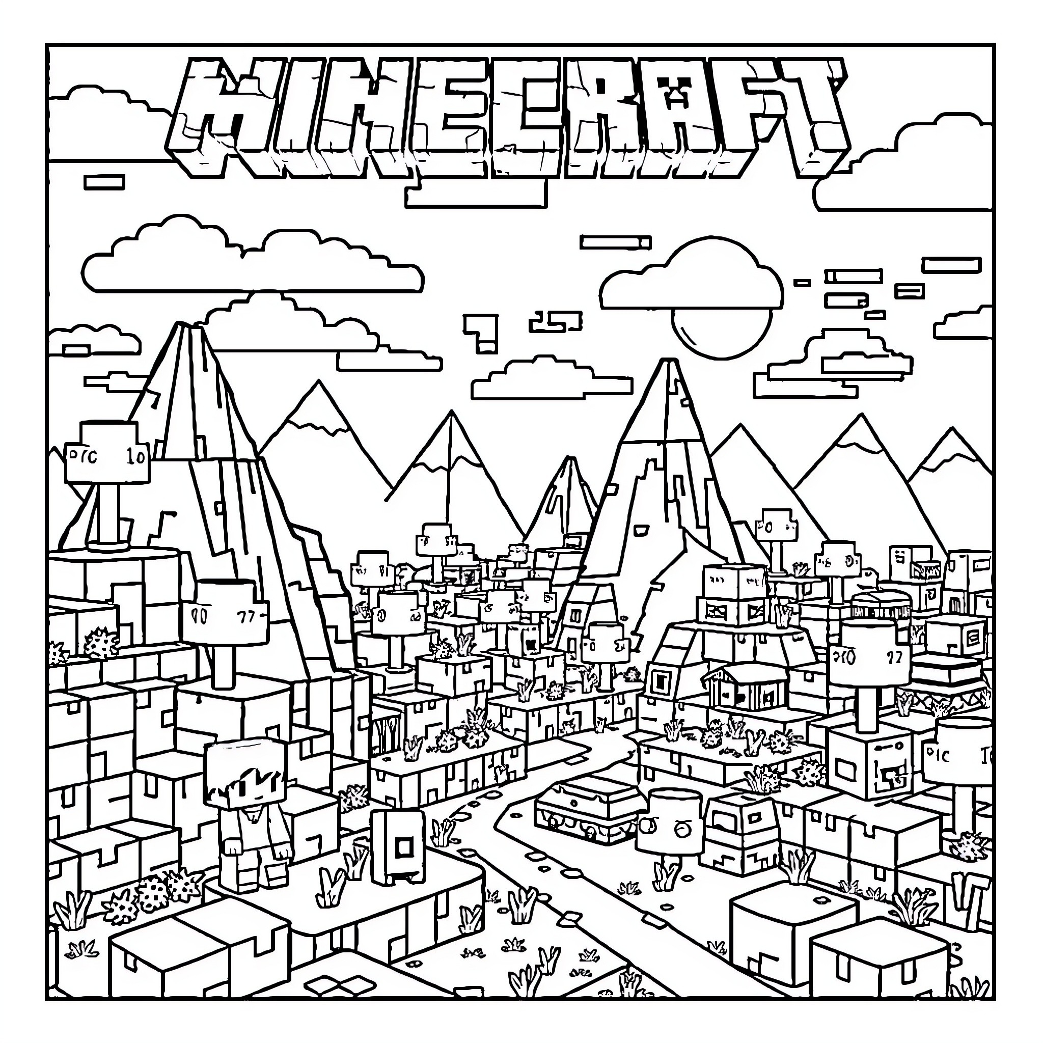 Minecraft - Blocky Landscape with Mountains and City Coloring Page (free black-and-white line drawing printable PDF for all, from beginners to advanced learners, including children, teens, adults, and seniors)