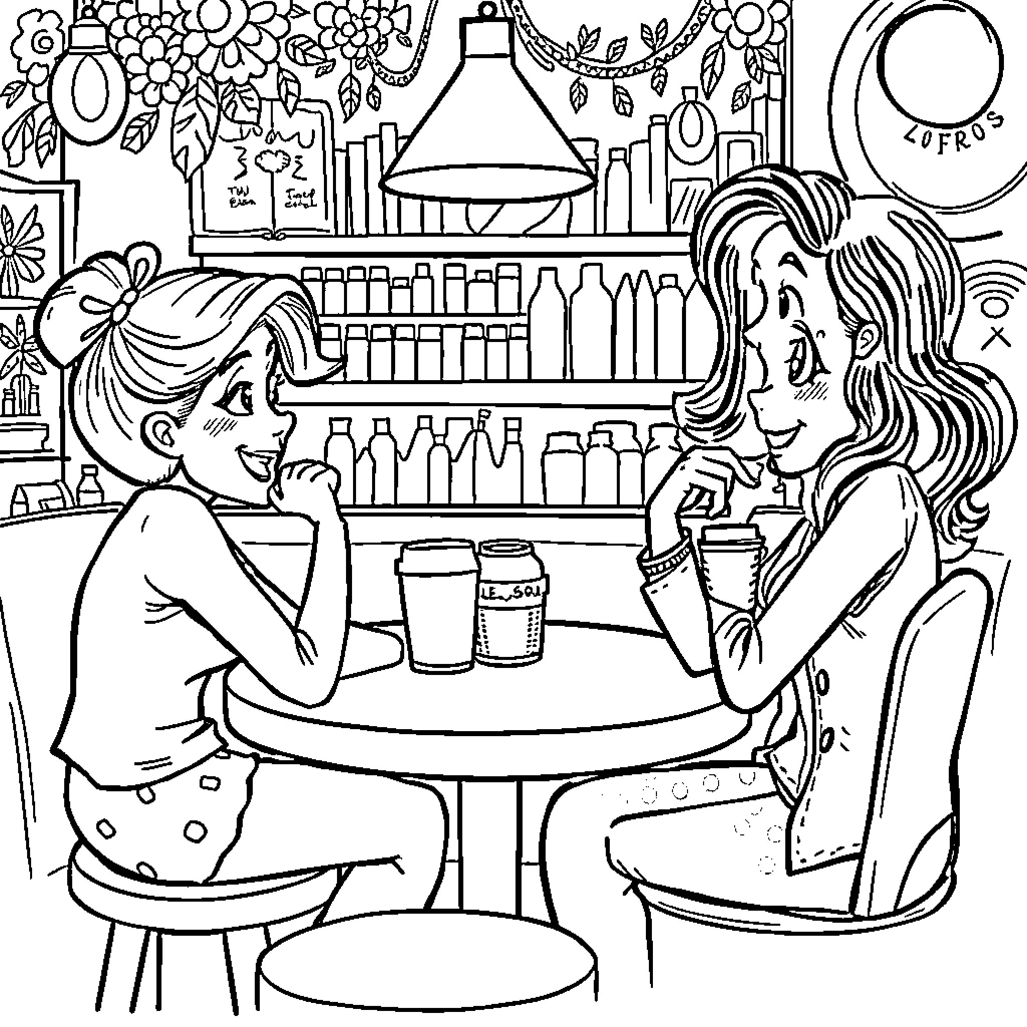 Gabby's Cafe Conversation Coloring Page (free black-and-white line drawing printable PDF for all, from beginners to advanced learners, including children, teens, adults, and seniors)