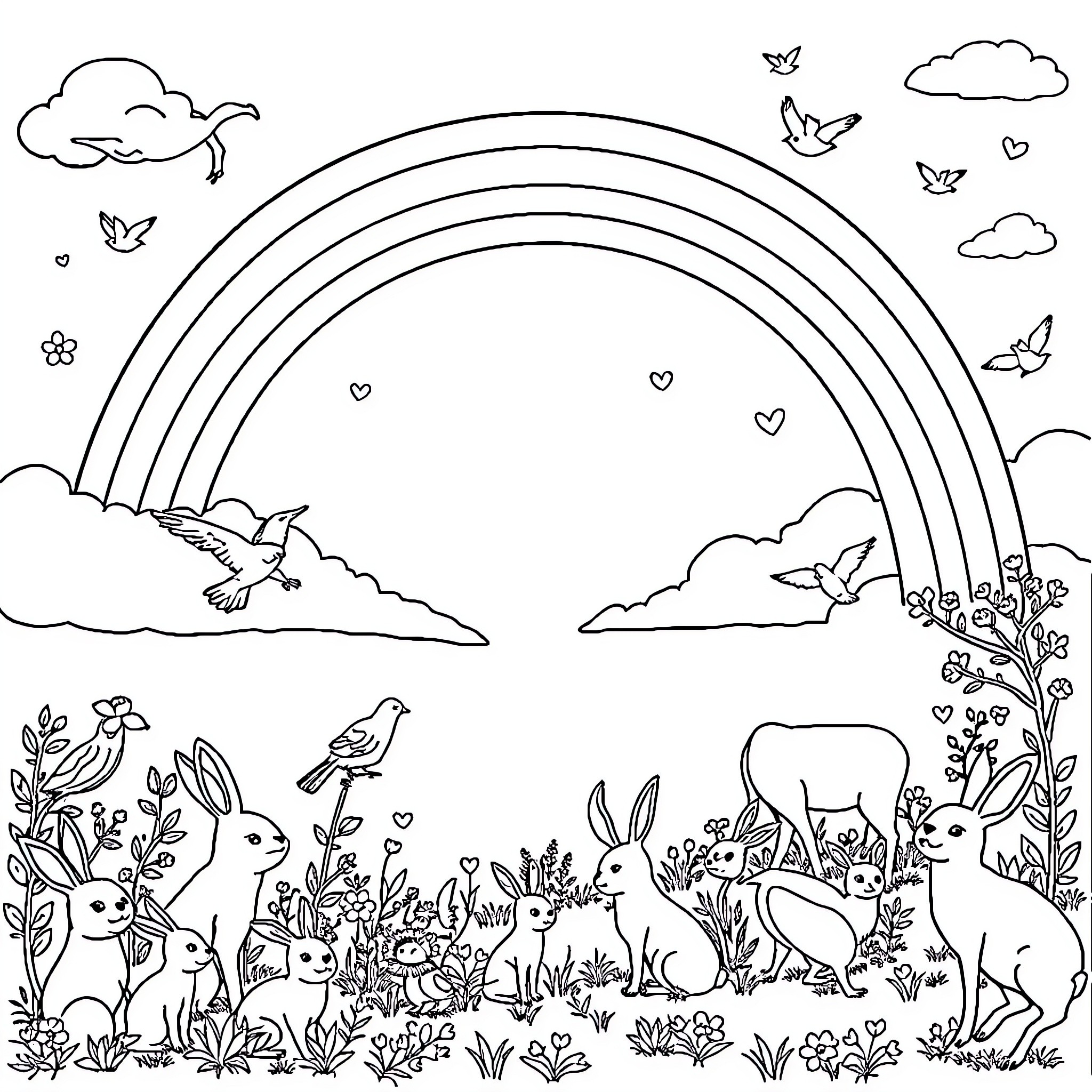 Rainbow Scene with Playful Animals Coloring Page (free black-and-white line drawing printable PDF for all, from beginners to advanced learners, including children, teens, adults, and seniors)