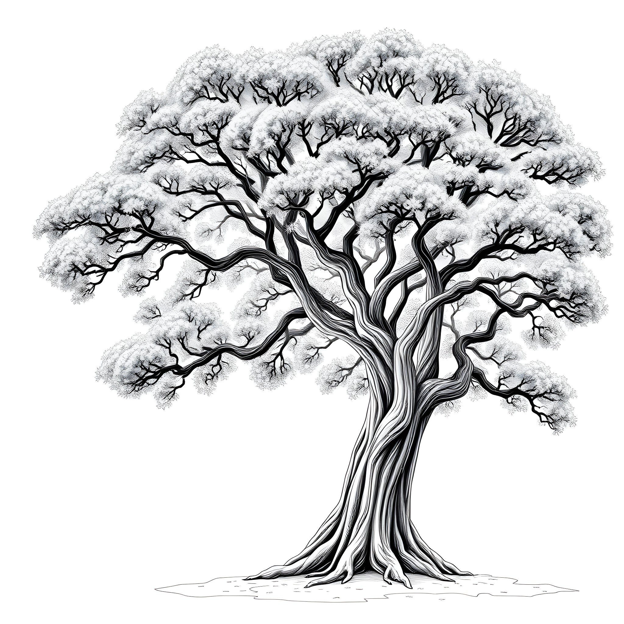 Koe of a majestic snowy tree in winter Coloring Page (free black-and-white line drawing printable PDF for all, from beginners to advanced learners, including children, teens, adults, and seniors)