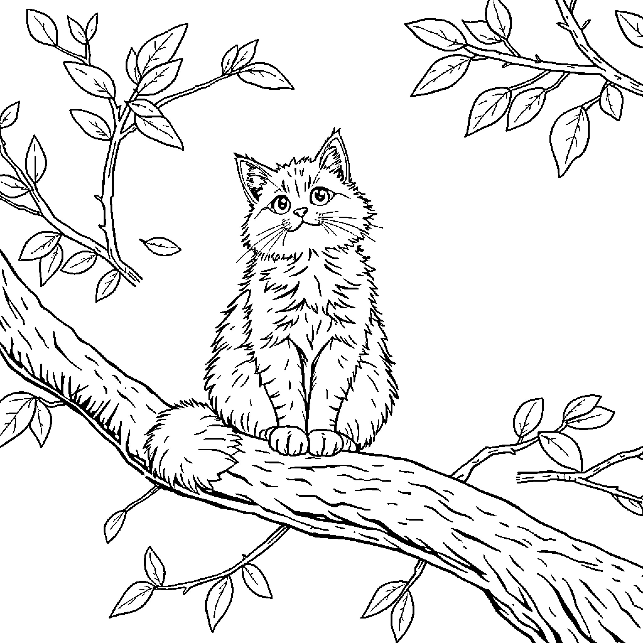 Cat resting on tree branch in nature Coloring Page (free black-and-white line drawing printable PDF for all, from beginners to advanced learners, including children, teens, adults, and seniors)