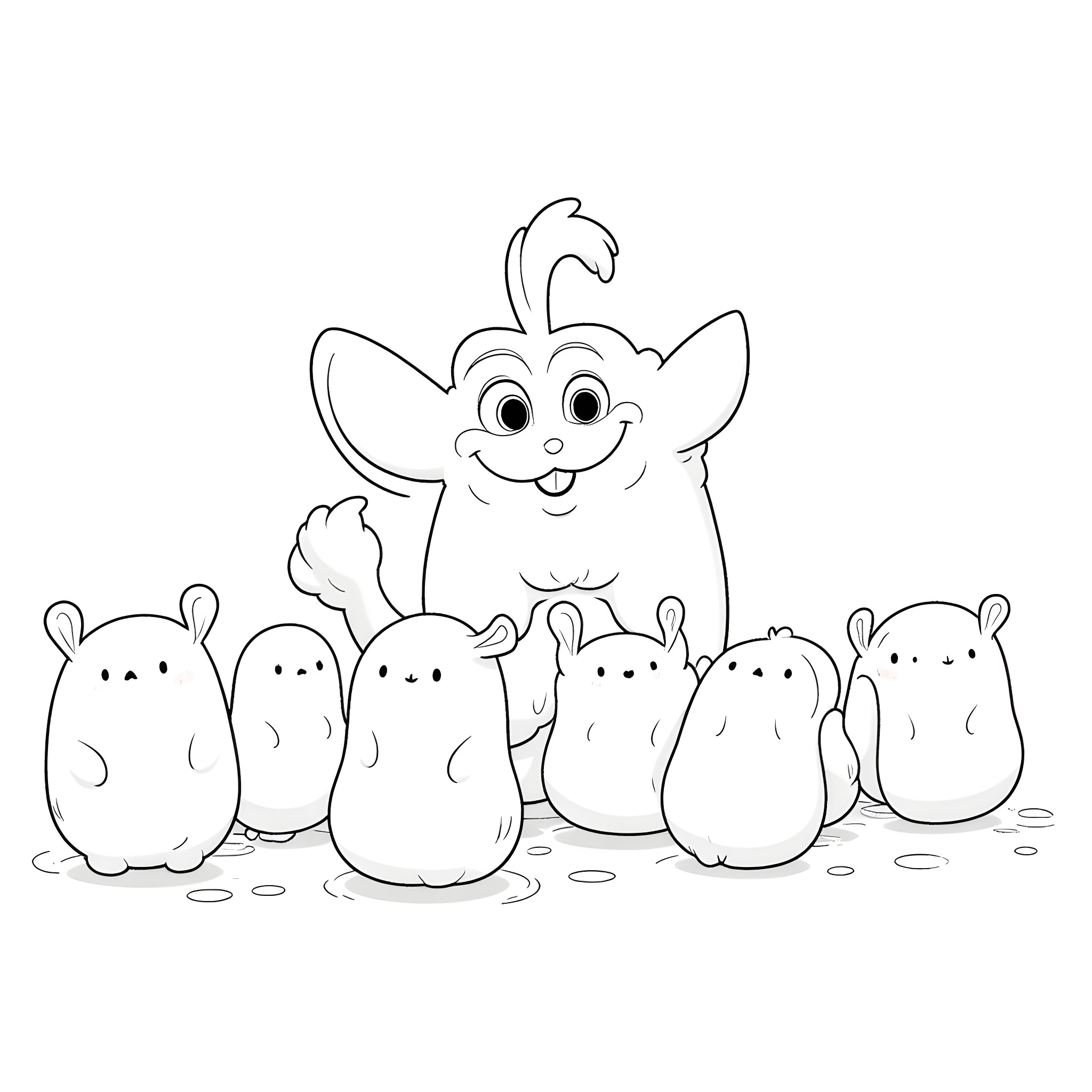 Mal's Friendly Creatures Gathering Coloring Page (free black-and-white line drawing printable PDF for all, from beginners to advanced learners, including children, teens, adults, and seniors)