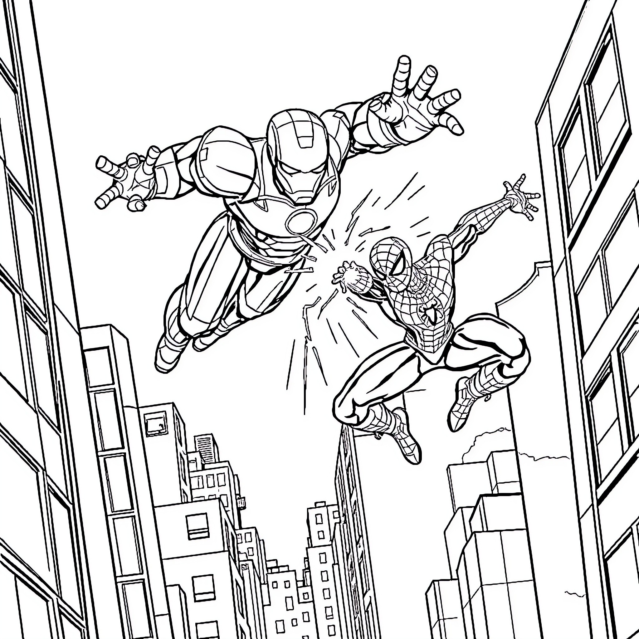 Iron Man and Spider-Man soaring through the city skyline Coloring Page (free black-and-white line drawing printable PDF for all, from beginners to advanced learners, including children, teens, adults, and seniors)