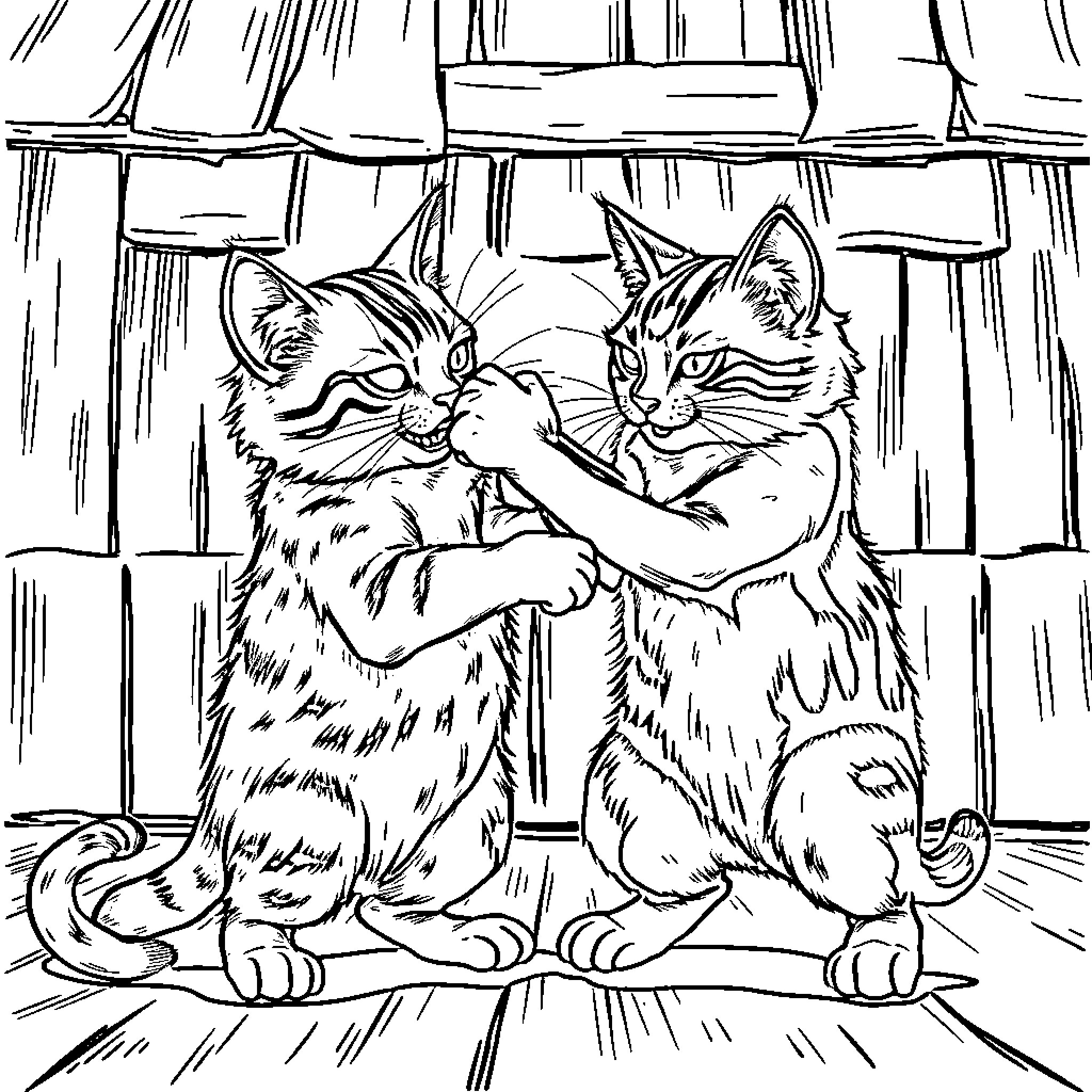 Gato cats playing and interacting in the rain Coloring Page (free black-and-white line drawing printable PDF for all, from beginners to advanced learners, including children, teens, adults, and seniors)