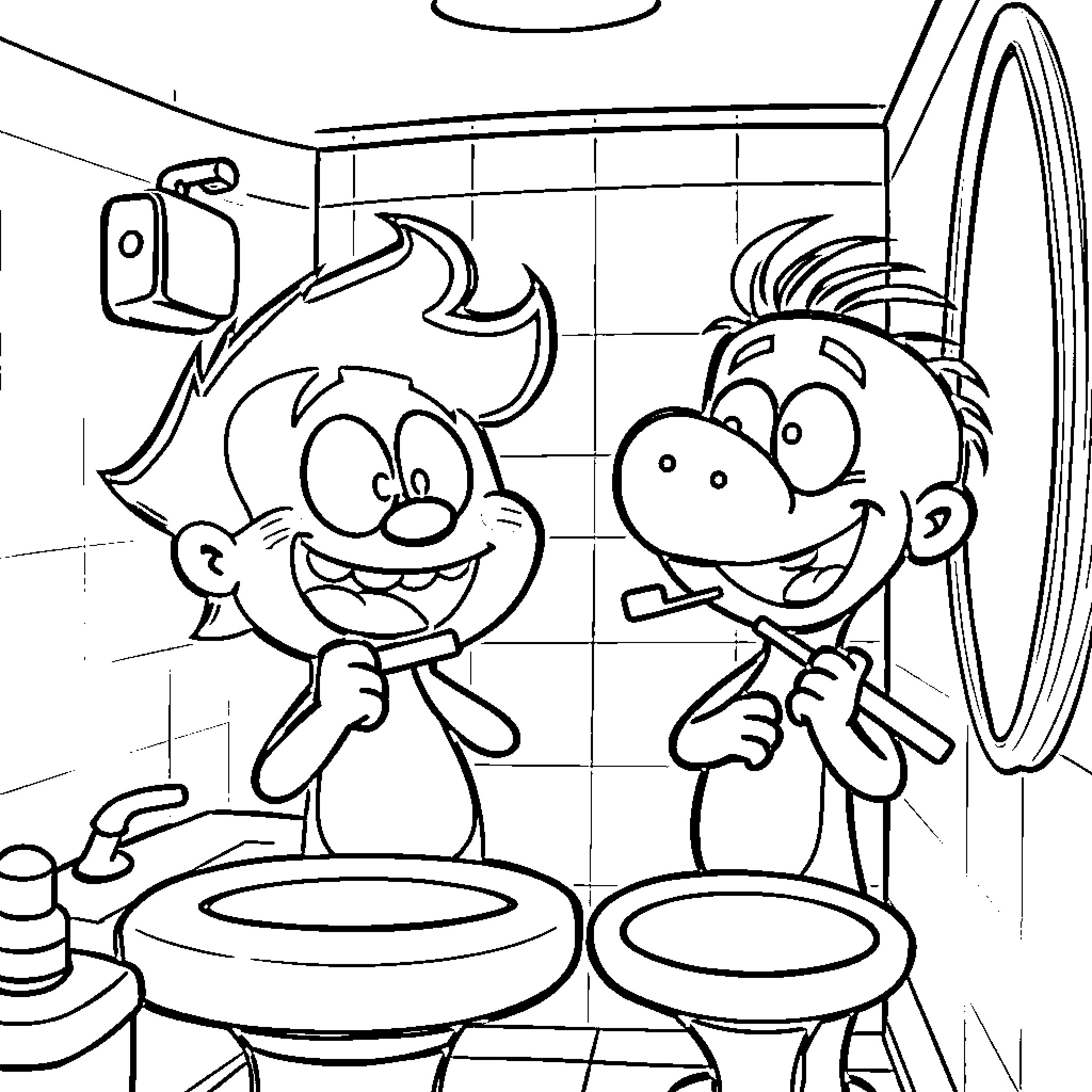 Gumball friends having fun in the bathroom Coloring Page (free black-and-white line drawing printable PDF for all, from beginners to advanced learners, including children, teens, adults, and seniors)