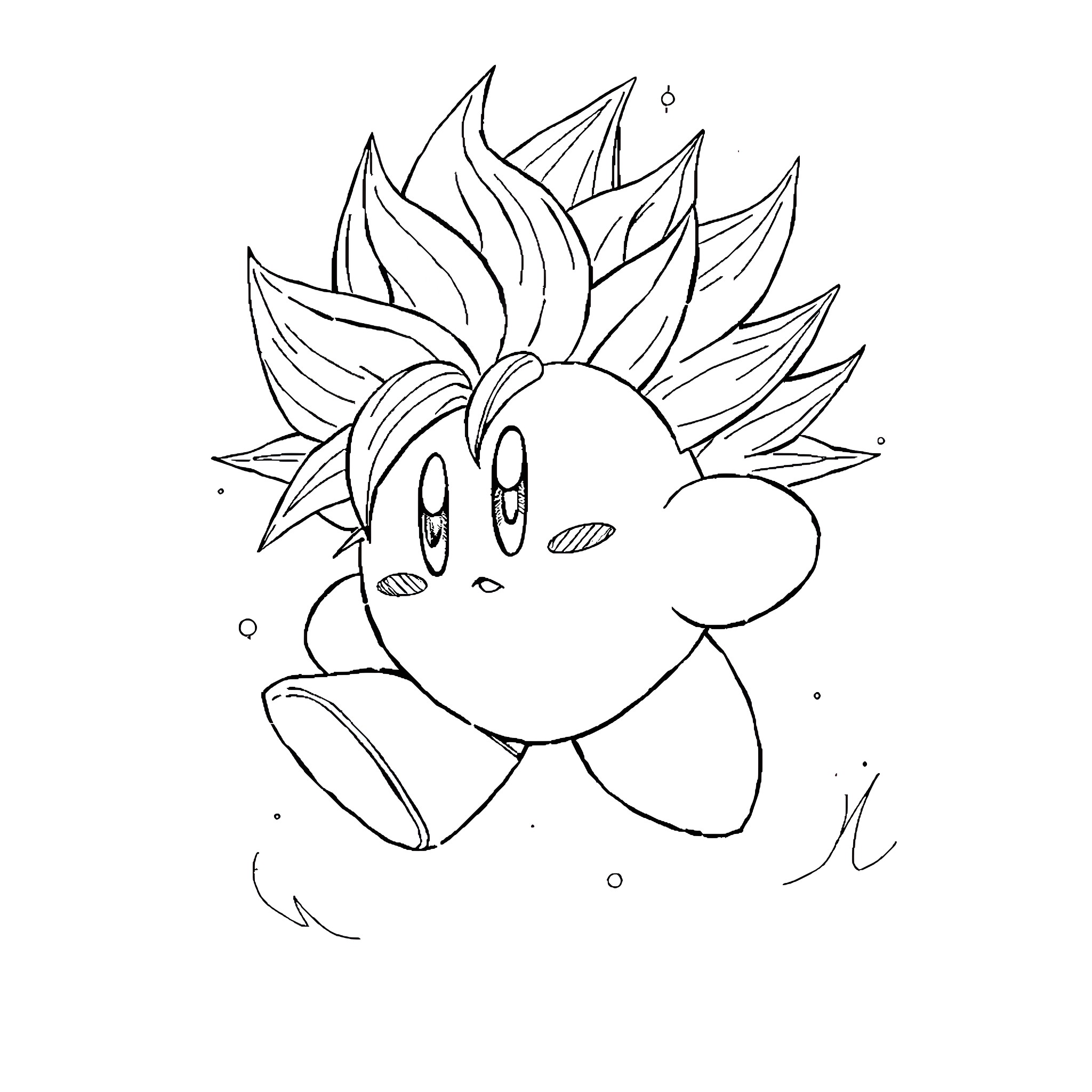 Kirby floating with spiky hairstyle Coloring Page (free black-and-white line drawing printable PDF for all, from beginners to advanced learners, including children, teens, adults, and seniors)