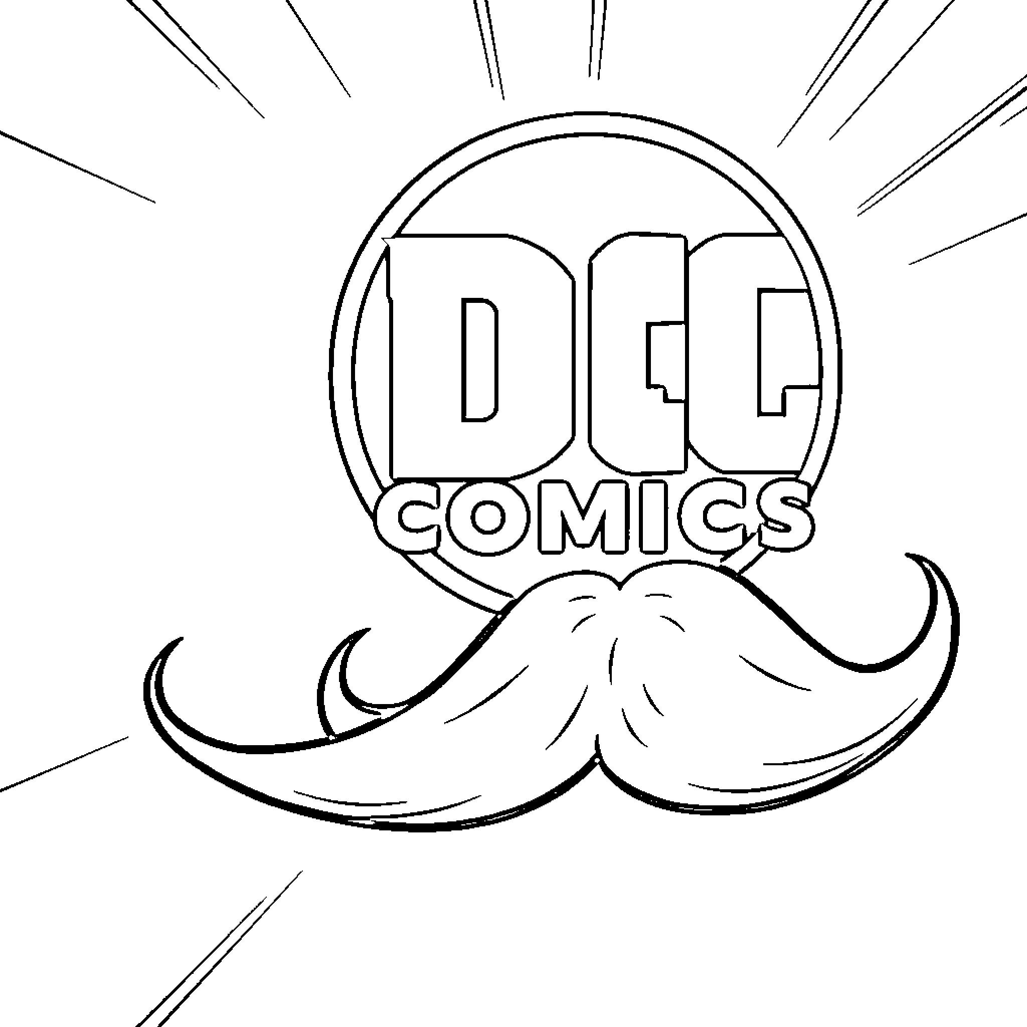 DC Logo with Mustache Comic Illustration Coloring Page (free black-and-white line drawing printable PDF for all, from beginners to advanced learners, including children, teens, adults, and seniors)